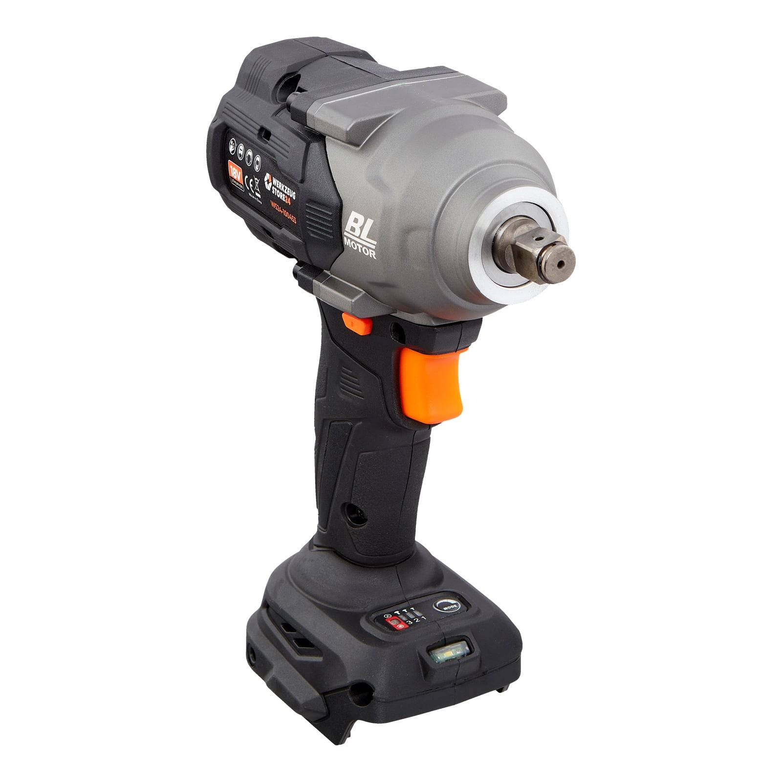 Eine kabellose Schlagschrauber mit bürstenlosem Motor, ausgestattet mit einem ergonomischen Griff und einer LED-Anzeige, geeignet für schwere Einsätze.