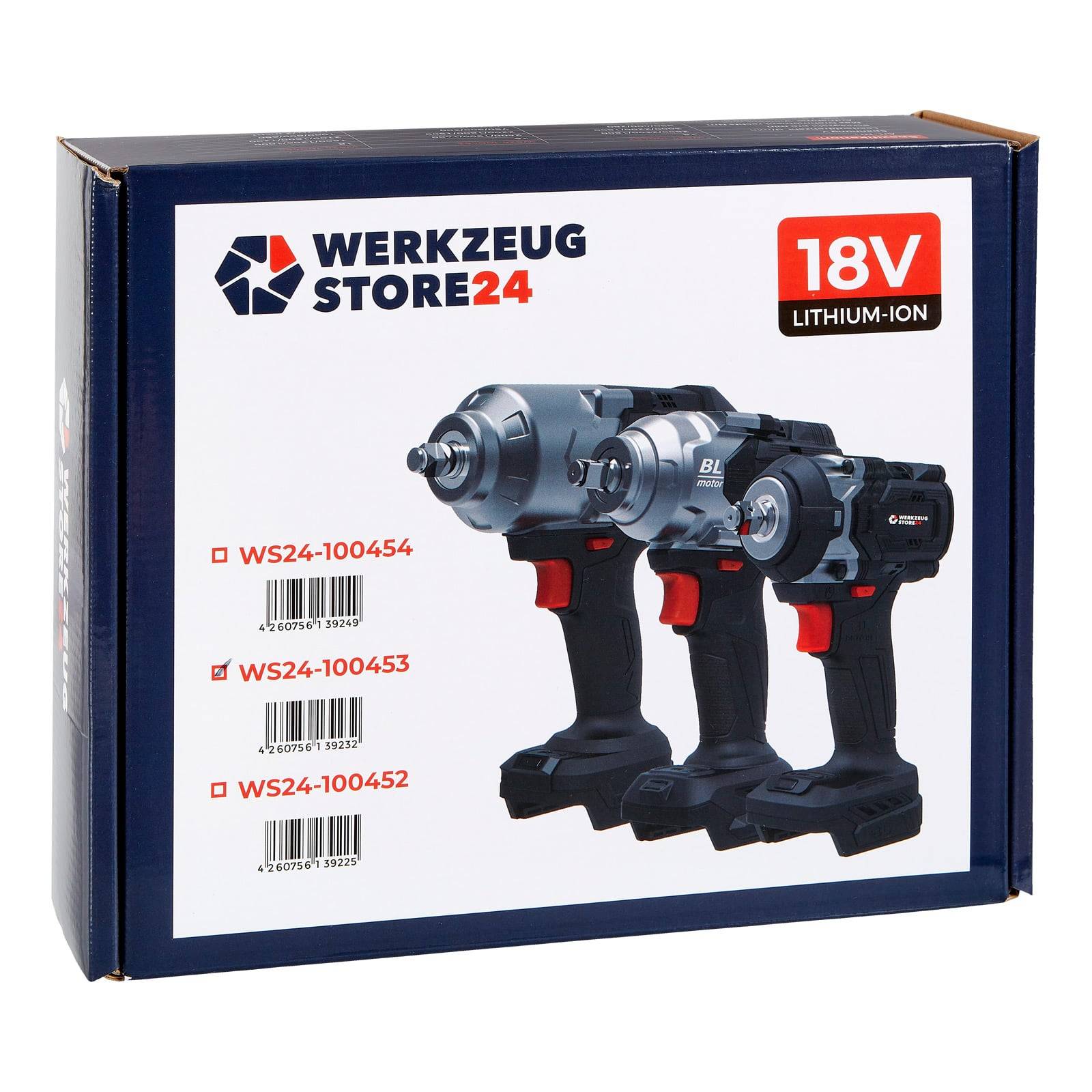 Zwei kabellose 18V Lithium-Ionen-Bohrmaschinen mit den Modellnummern WS24-100454, WS24-100453 und WS24-100452 von Werkzeug Store 24.
