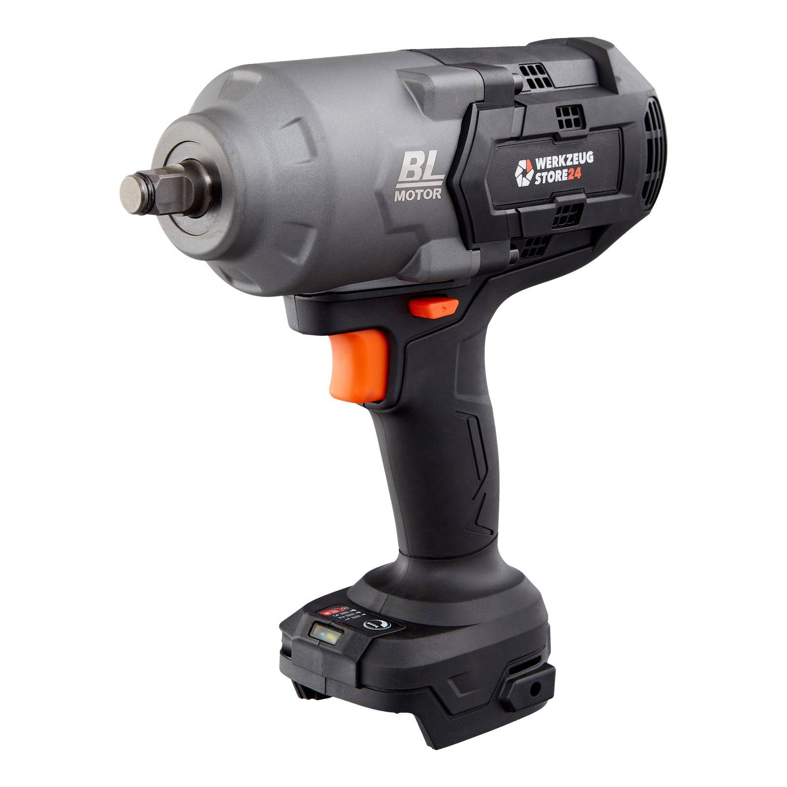 Eine kabellose Schlagschrauber mit einem schwarz-grauen Gehäuse und einem orangefarbenen Auslöser, der eine Seitenansicht des Werkzeugs zeigt.