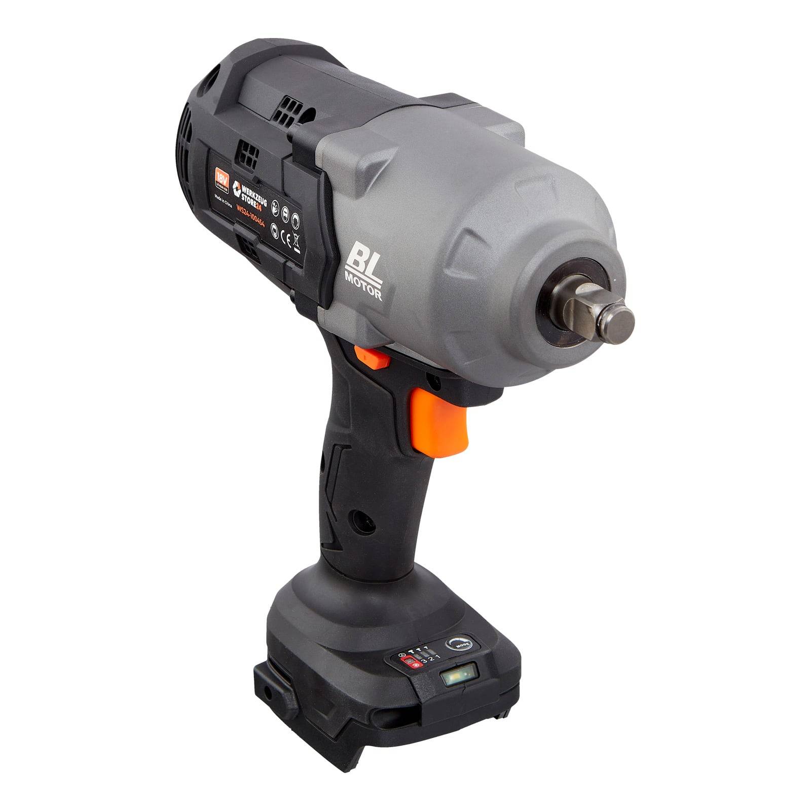 Ein kabelloser Schlagschrauber mit einem schwarz-grauen Gehäuse, ausgestattet mit einem schwarzen Griff und orangefarbenen Auslöser, der zum Anziehen oder Lösen von Schrauben verwendet wird.