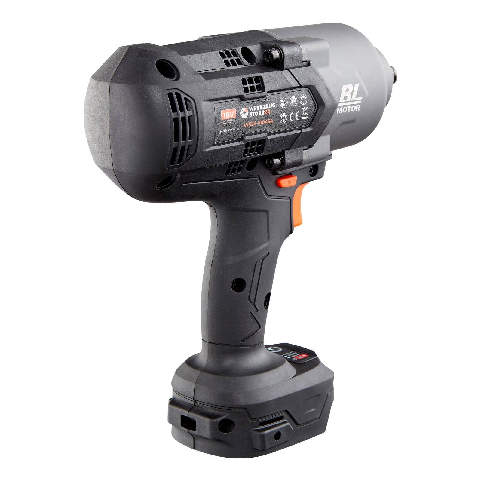 Ein schwarzes, handgehaltenes Elektrowerkzeug mit einem Motor, ausgestattet mit einem Auslöser und der Aufschrift 