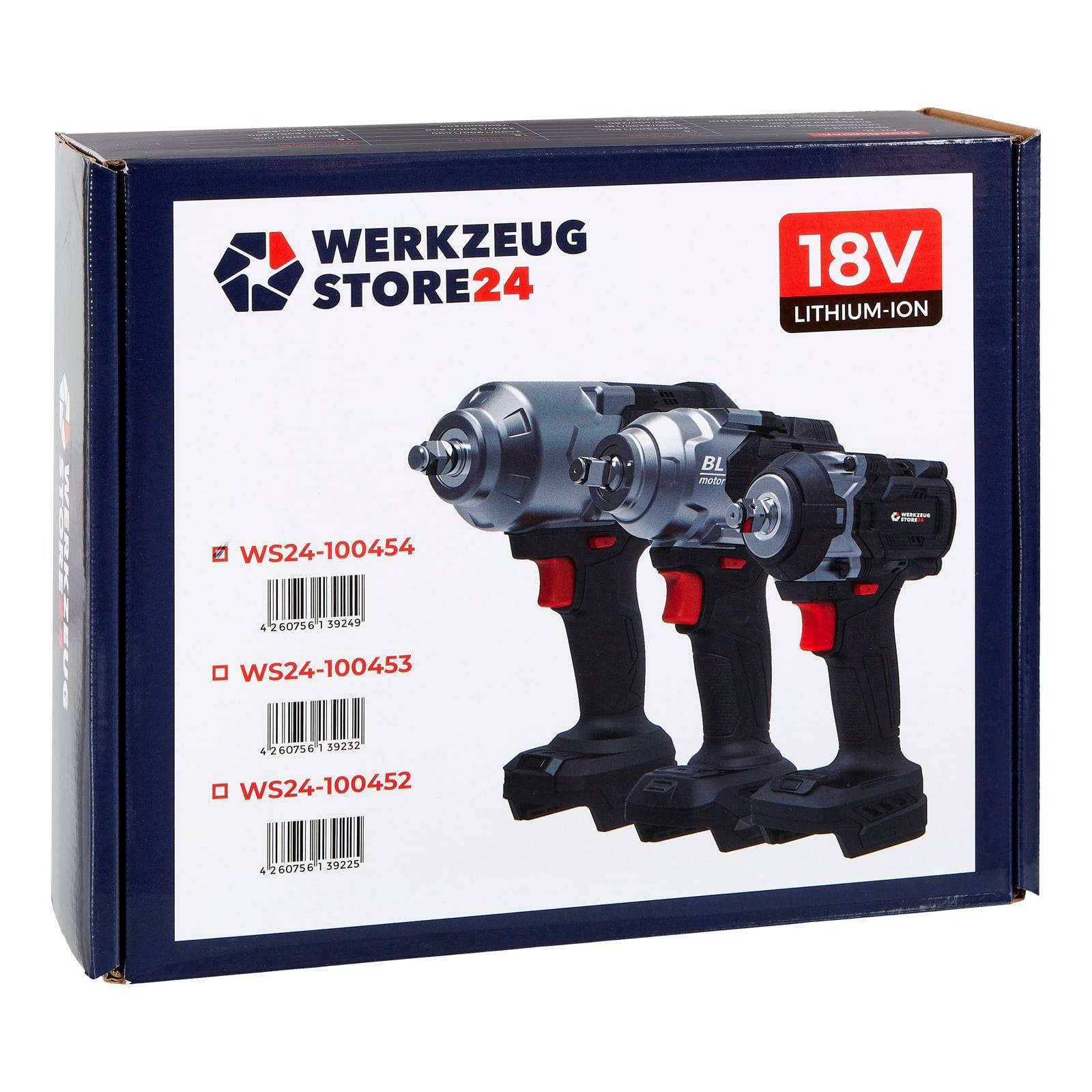Das Bild zeigt eine Werkzeug Store 24 Box mit zwei Elektrowerkzeugen, die als 18V Lithium-Ionen gekennzeichnet sind, zusammen mit ihren Produktcodes.