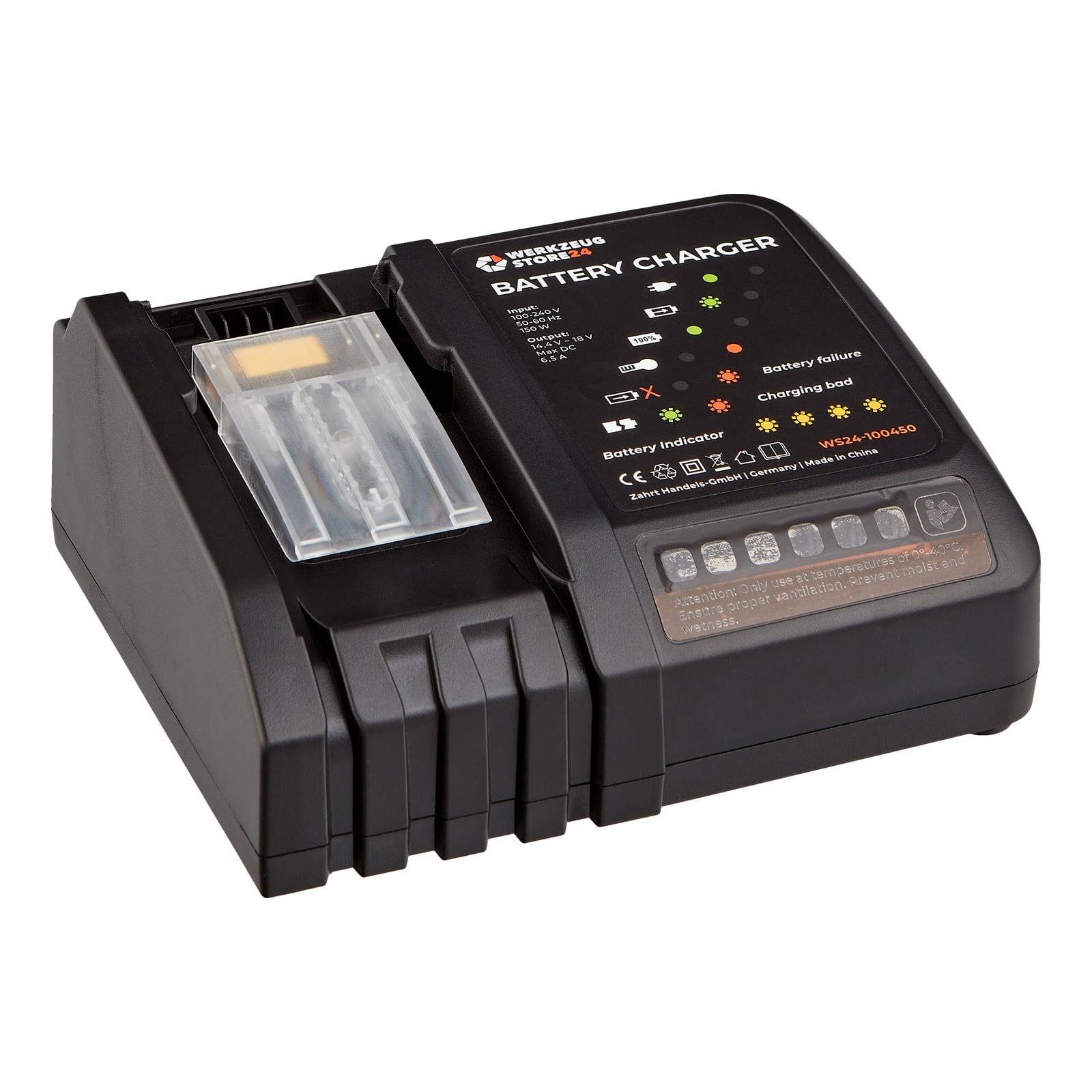 Ladegerät mit LED-Anzeigen für den Ladestatus und Beschriftungen mit der Aufschrift 