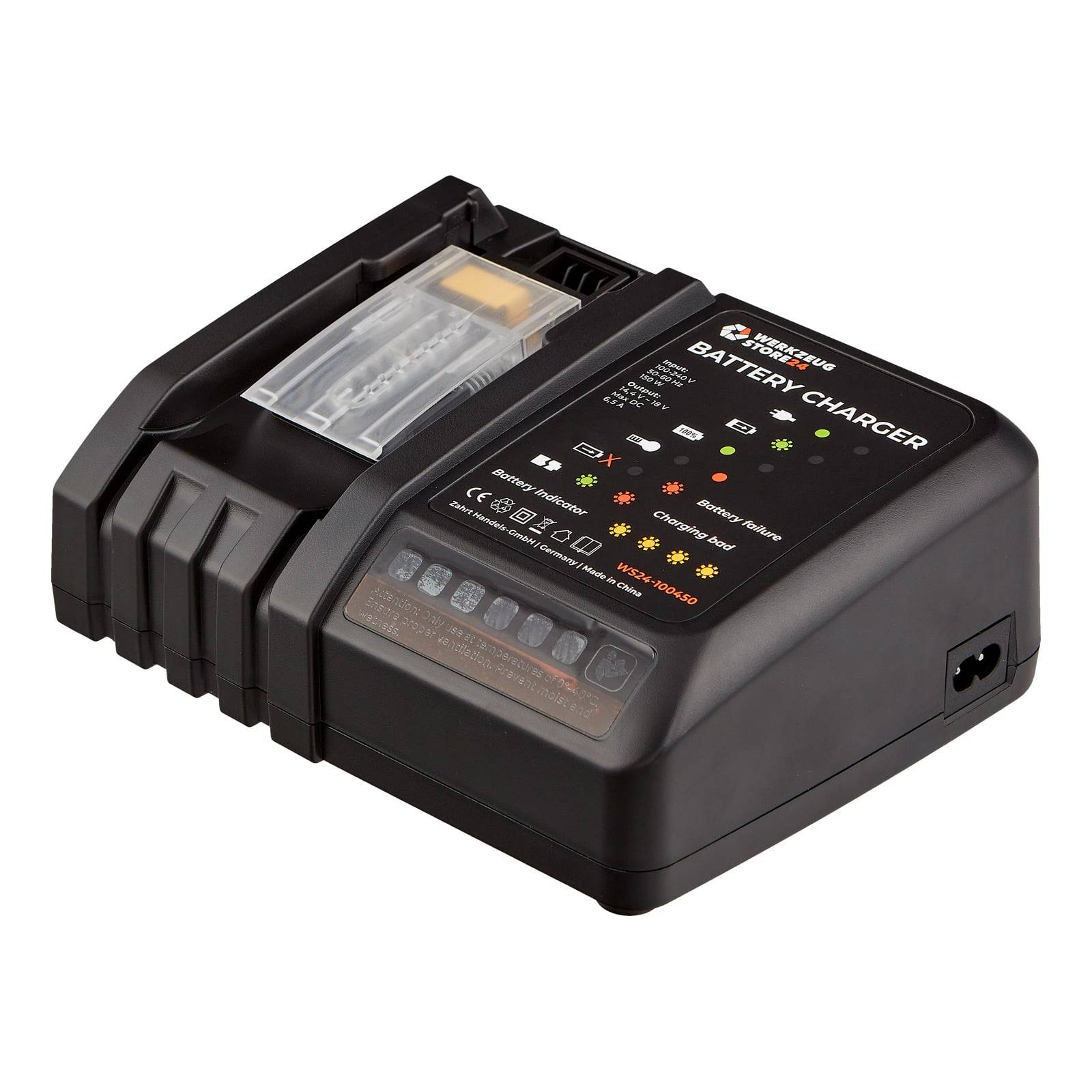 Ein schwarzes elektronisches Ladegerät mit verschiedenen Anzeigelichtern, beschriftet als 