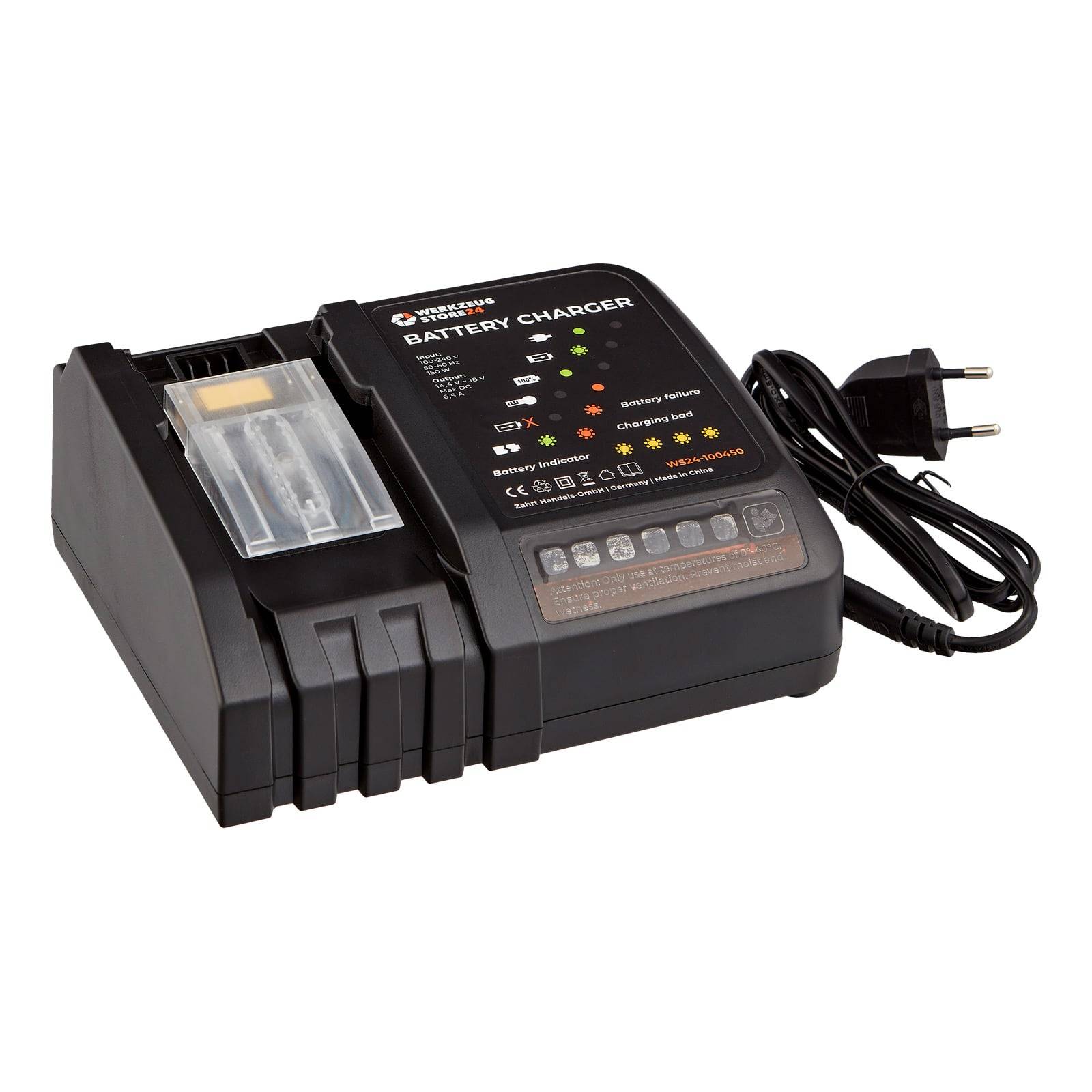 Ein schwarzes Ladegerät mit LED-Anzeigen, die den Ladestatus und Fehlermeldungen anzeigen. Enthält ein Fach zur Batterieeinlegung und ein Netzkabel.