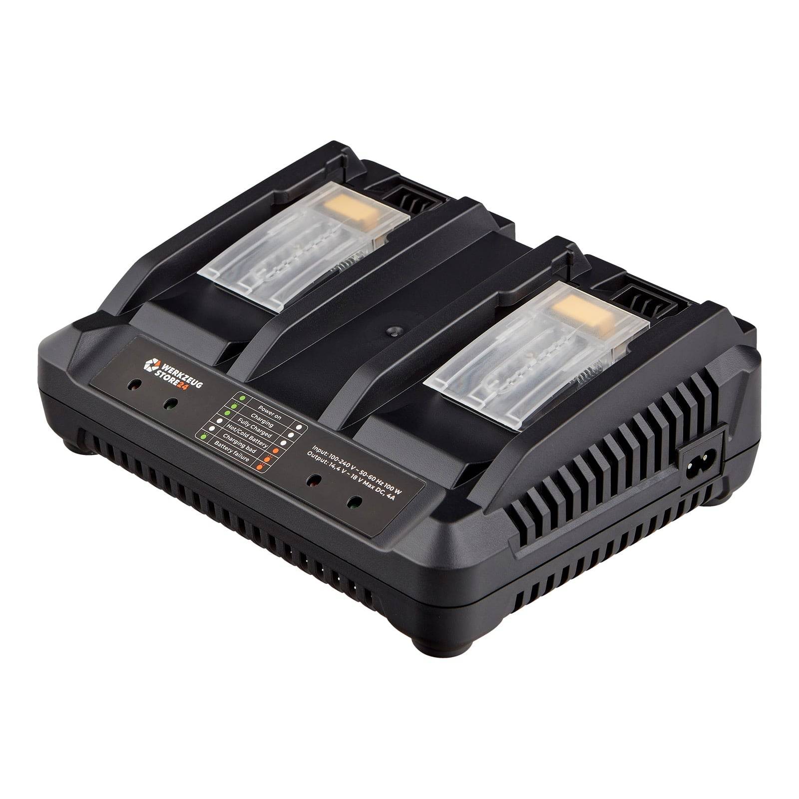 Zweifacher Akkuladegerät auf weißem Hintergrund, mit beschrifteten Anzeigelichtern, die den Ladestatus anzeigen. Zwei Akkufächer sind sichtbar.