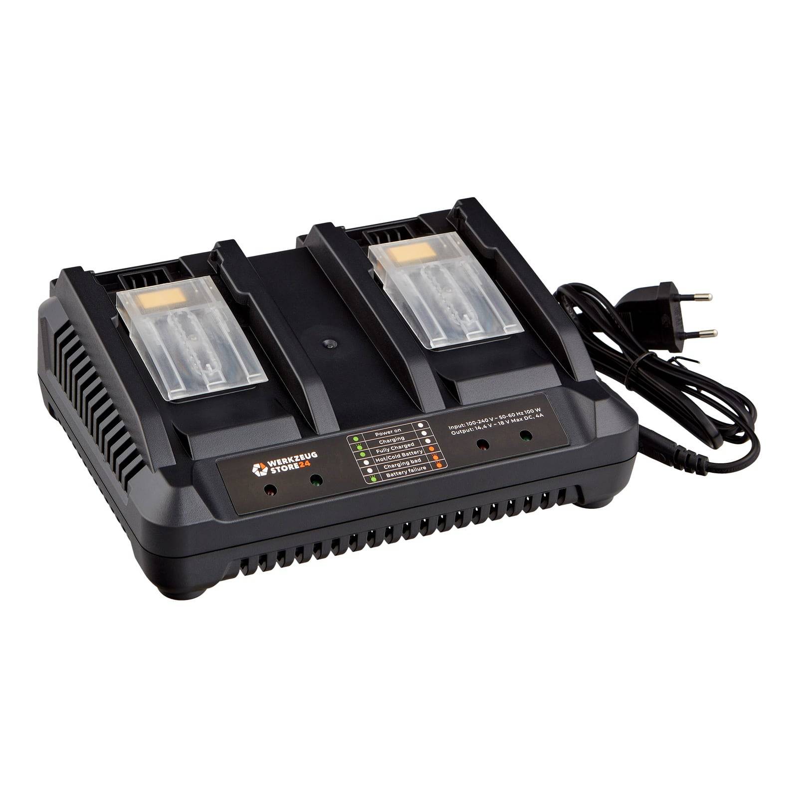 Ein Dual-Slot-Akkuladegerät mit Anzeigelichtern, die den Ladestatus anzeigen, ausgestattet mit einem Netzkabel mit einem Stecker auf der rechten Seite.