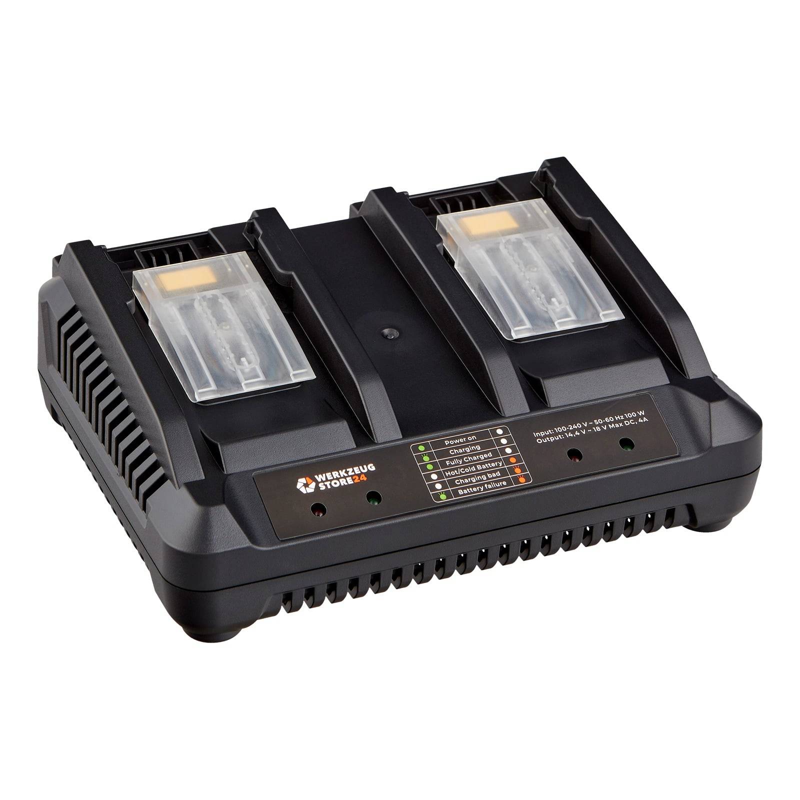 Ein Zwei-Slot-Batterieladegerät mit LED-Anzeigen, die den Ladezustand anzeigen. Geeignet zum gleichzeitigen Laden von zwei Batterien.