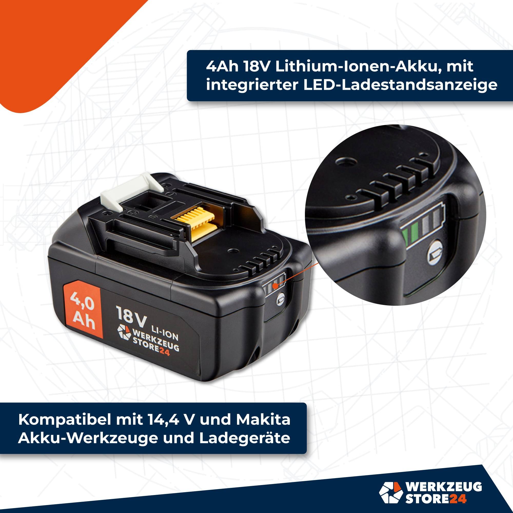 4Ah 18V Lithium-Ionen-Akku, mit integrierter LED-Ladestandsanzeige. Kompatibel mit 14,4 V und Makita Akku-Werkzeugen und Ladegeräten.