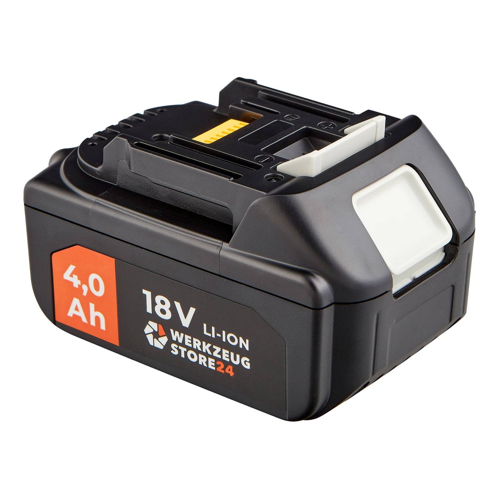 18V Li-Ion Akkupack, 4,0 Ah Kapazität, von Werkzeug Store24 branded. Mit schwarzem Gehäuse und orange-weißem Etikett.