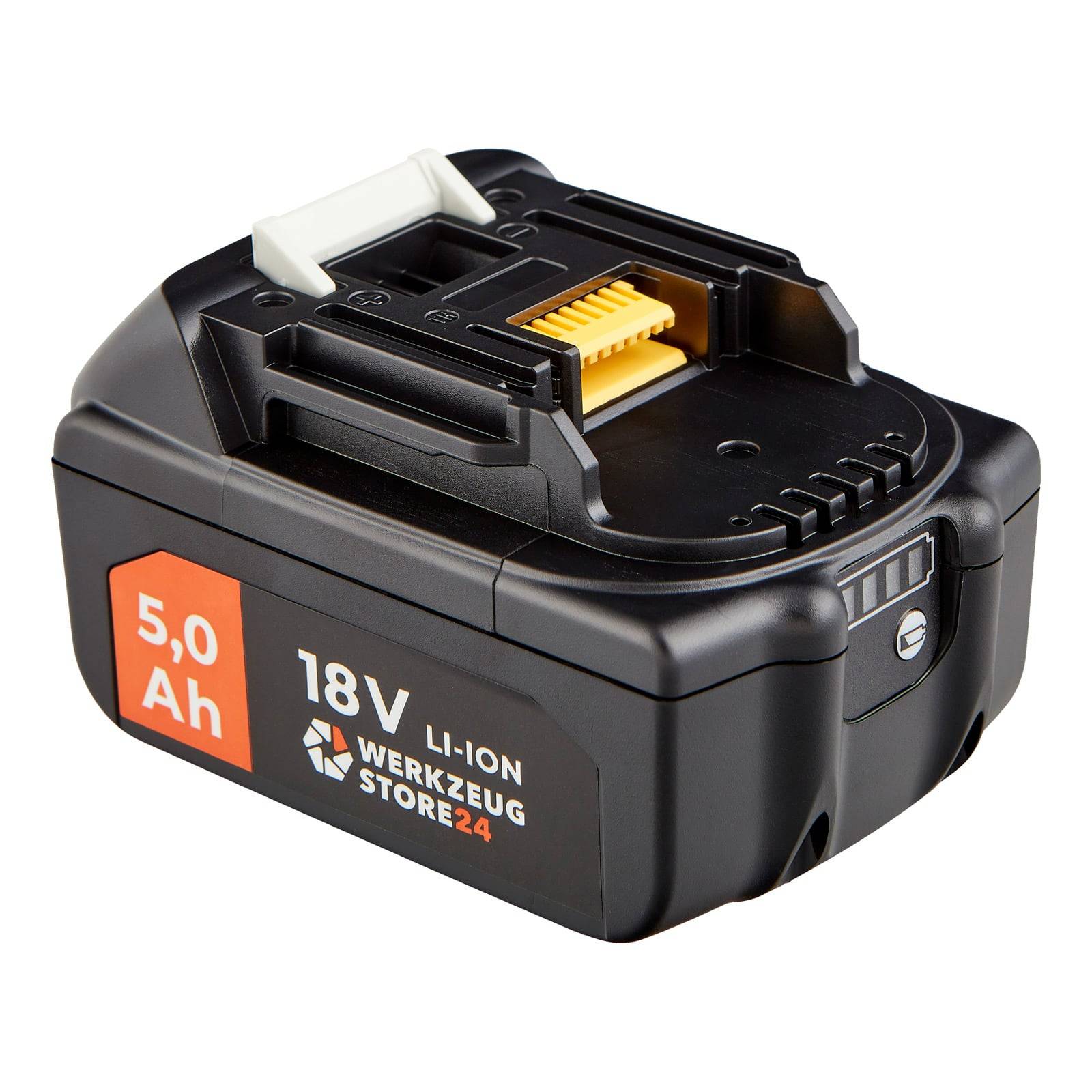 Ein schwarzer 18V Li-Ion-Akku mit der Bezeichnung '5.0 Ah' von Werkzeug Store 24, der die Ladeanschlüsse und den Klemmenmechanismus zeigt.