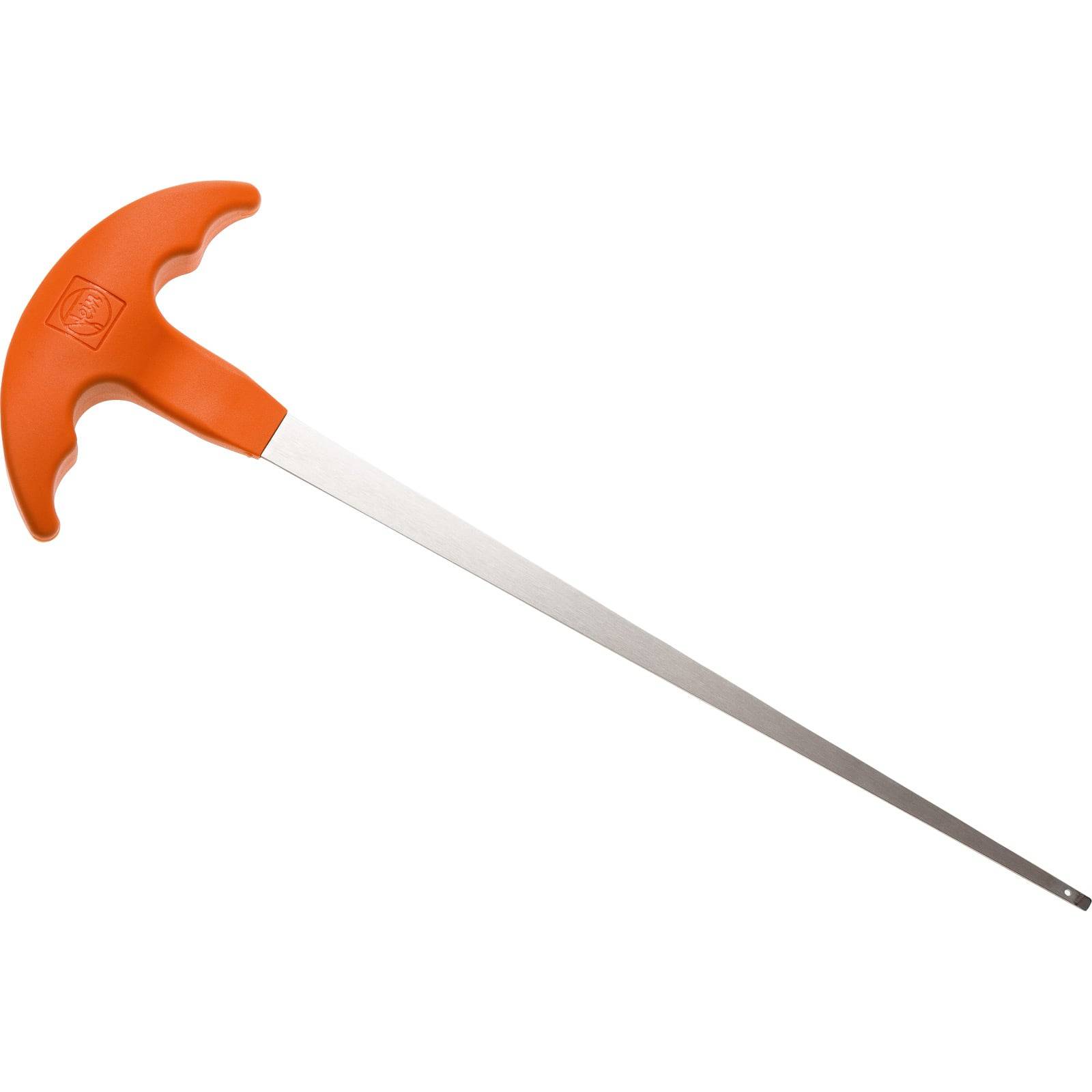 Eine lange, dünne Metallstange mit einem orangefarbenen, ergonomischen Griff, die üblicherweise als Bodensonde für Gartenbau oder Bodenuntersuchungen verwendet wird.
