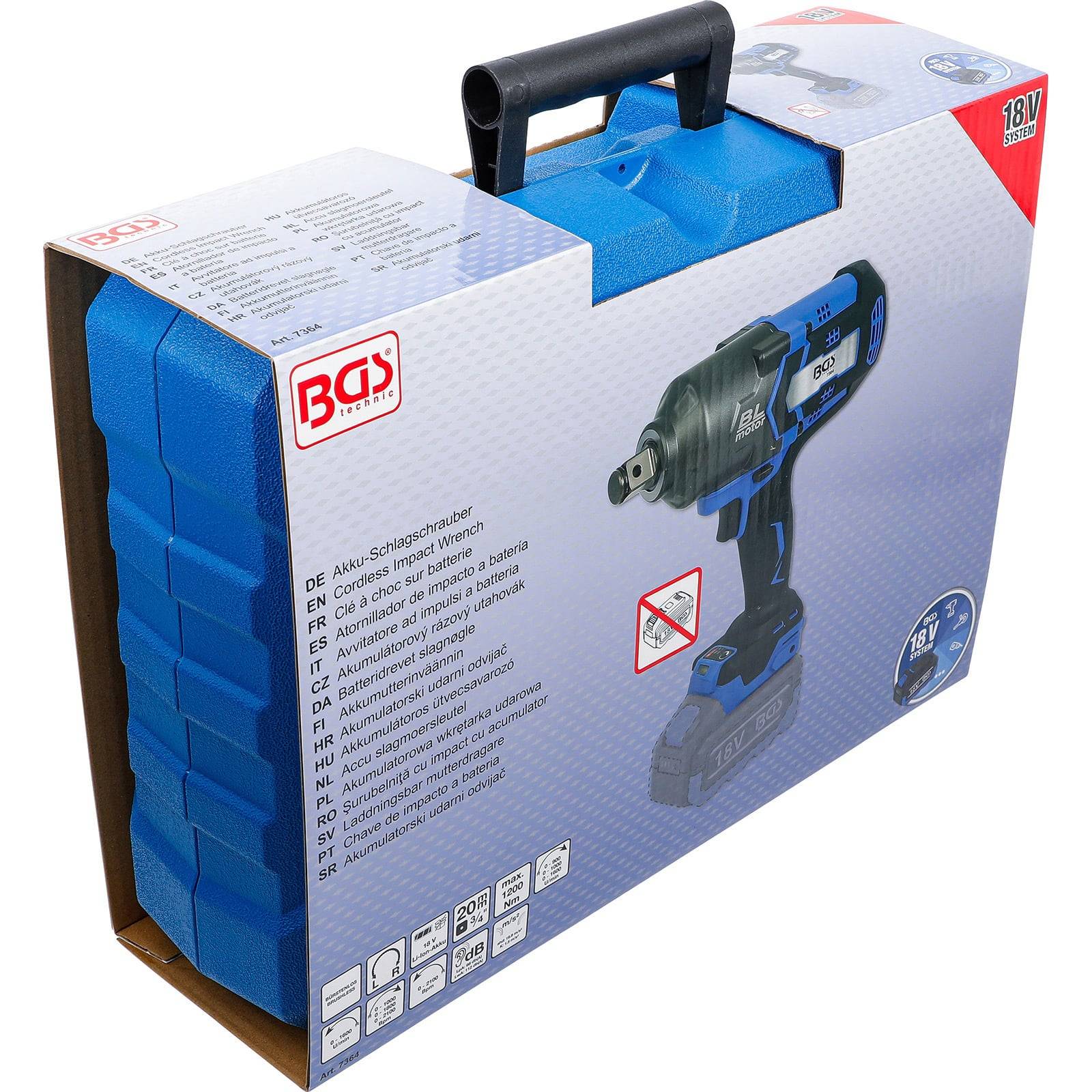 BGS 18V Elektroschrauber in einem blau-schwarzen Transportkoffer, mit Angaben zu Leistung und Drehmoment auf der Verpackung.