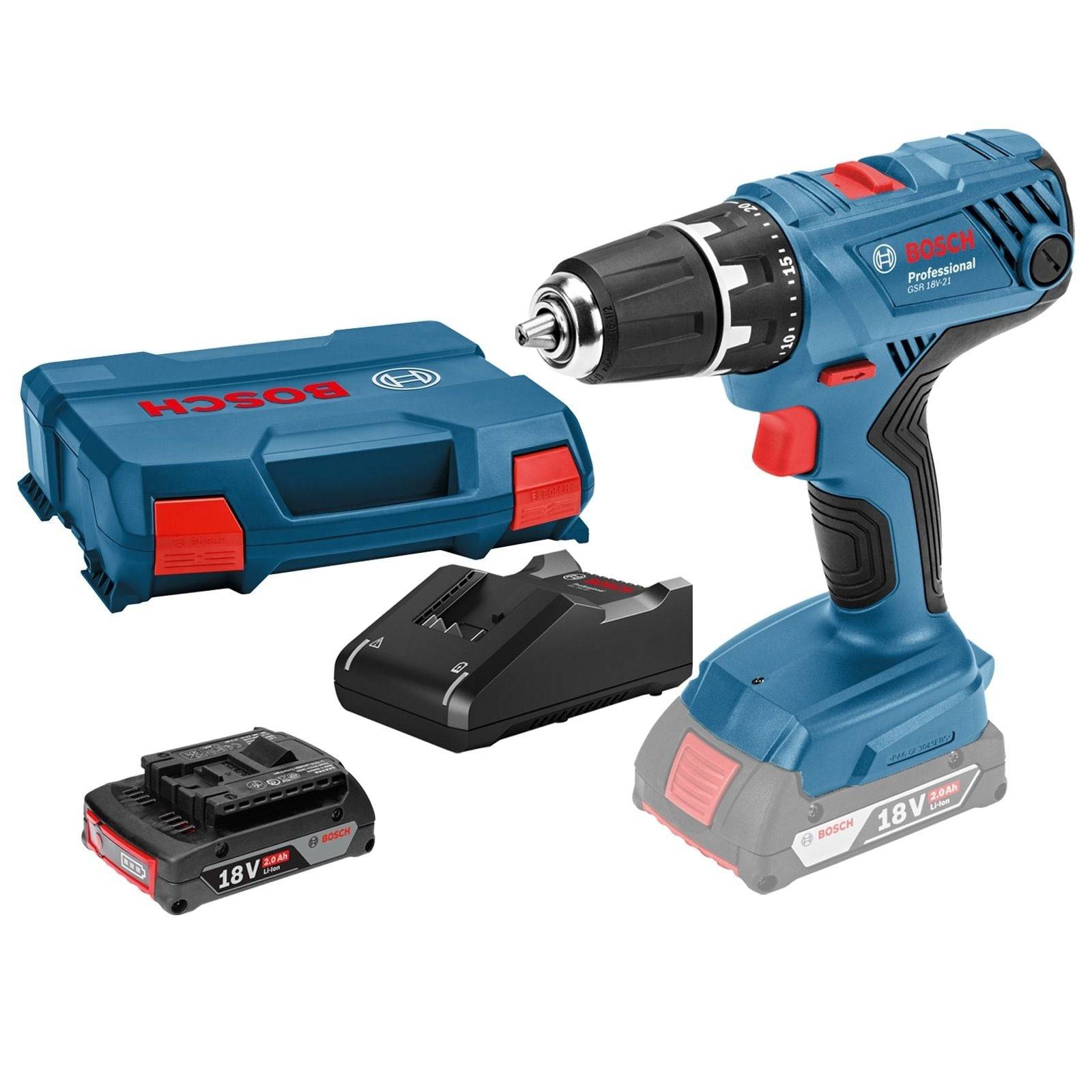 Ein Bosch 18V Akku-Bohrschrauber-Set mit Bohrmaschine, Transportkoffer, Ladegerät und wiederaufladbarer Batterie.