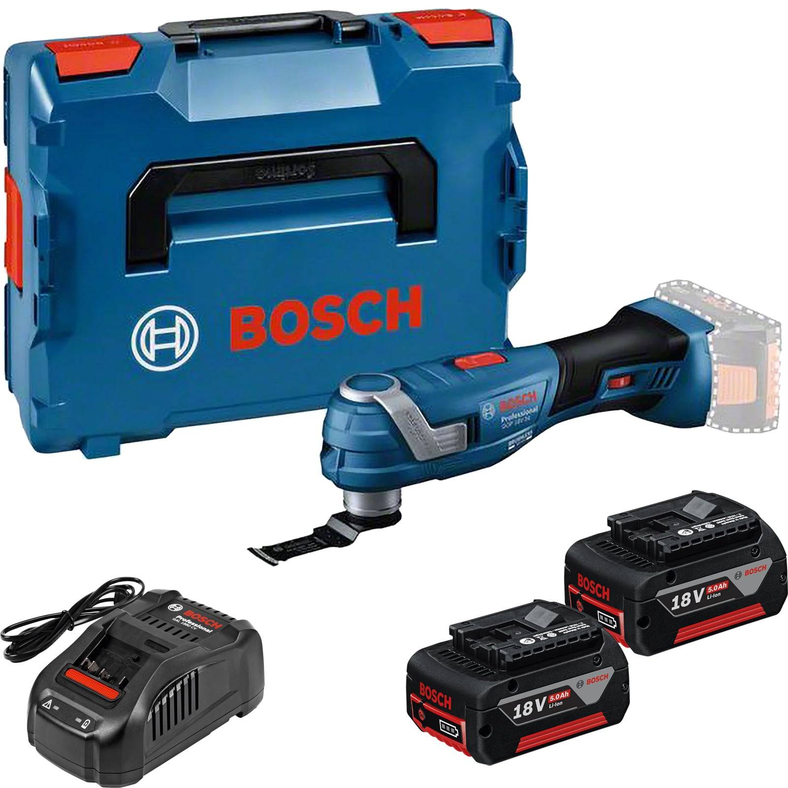 Ein Bosch Multifunktionswerkzeug-Set mit Werkzeugkoffer, zwei 18V-Akkus und einem Ladegerät, konzipiert für verschiedene Heimwerker-Aufgaben.