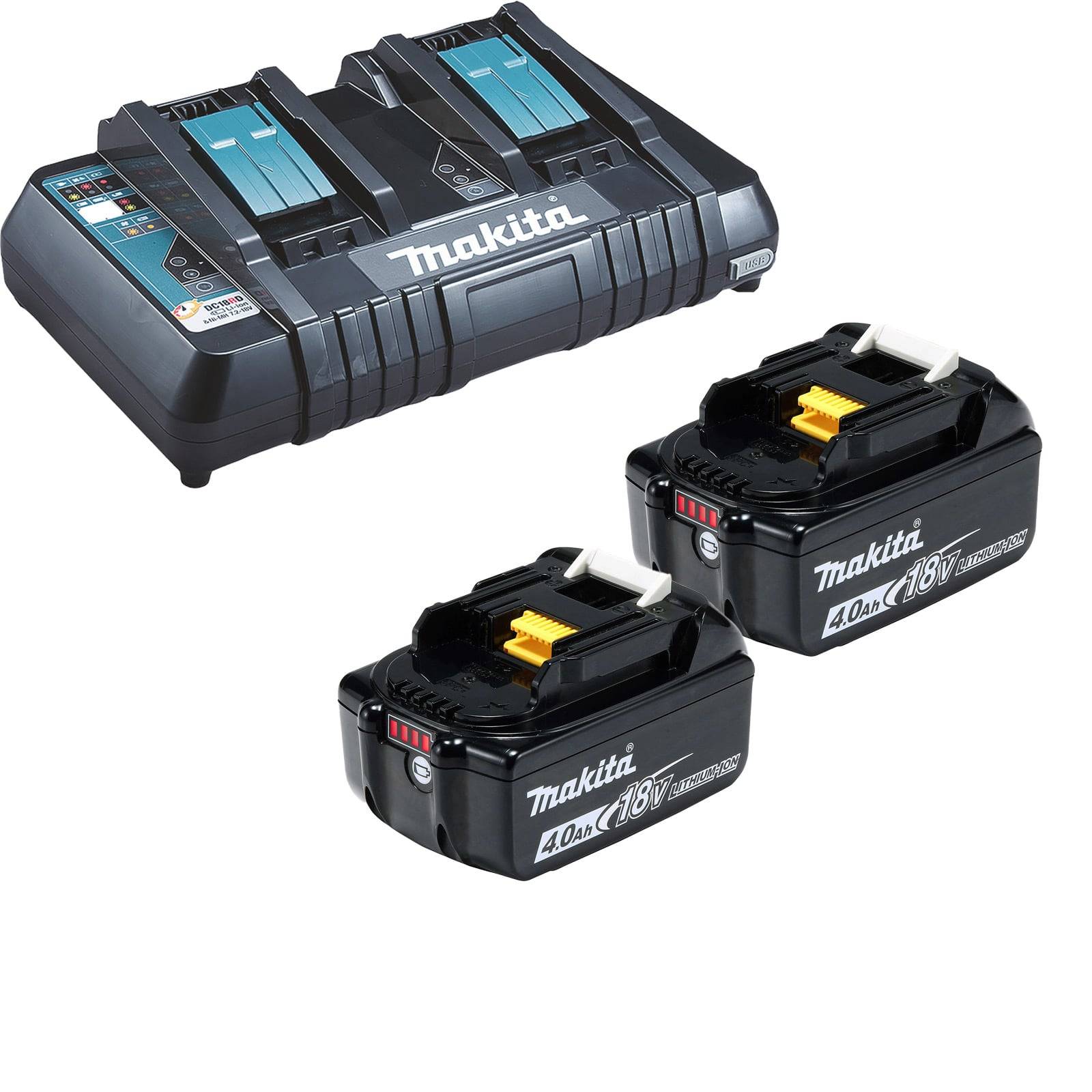 Makita Doppel-Ladegerät mit zwei 18V 4,0Ah Lithium-Ionen-Akkus, mit Betonung der Werkzeugkompatibilität und Schnellladefunktion.