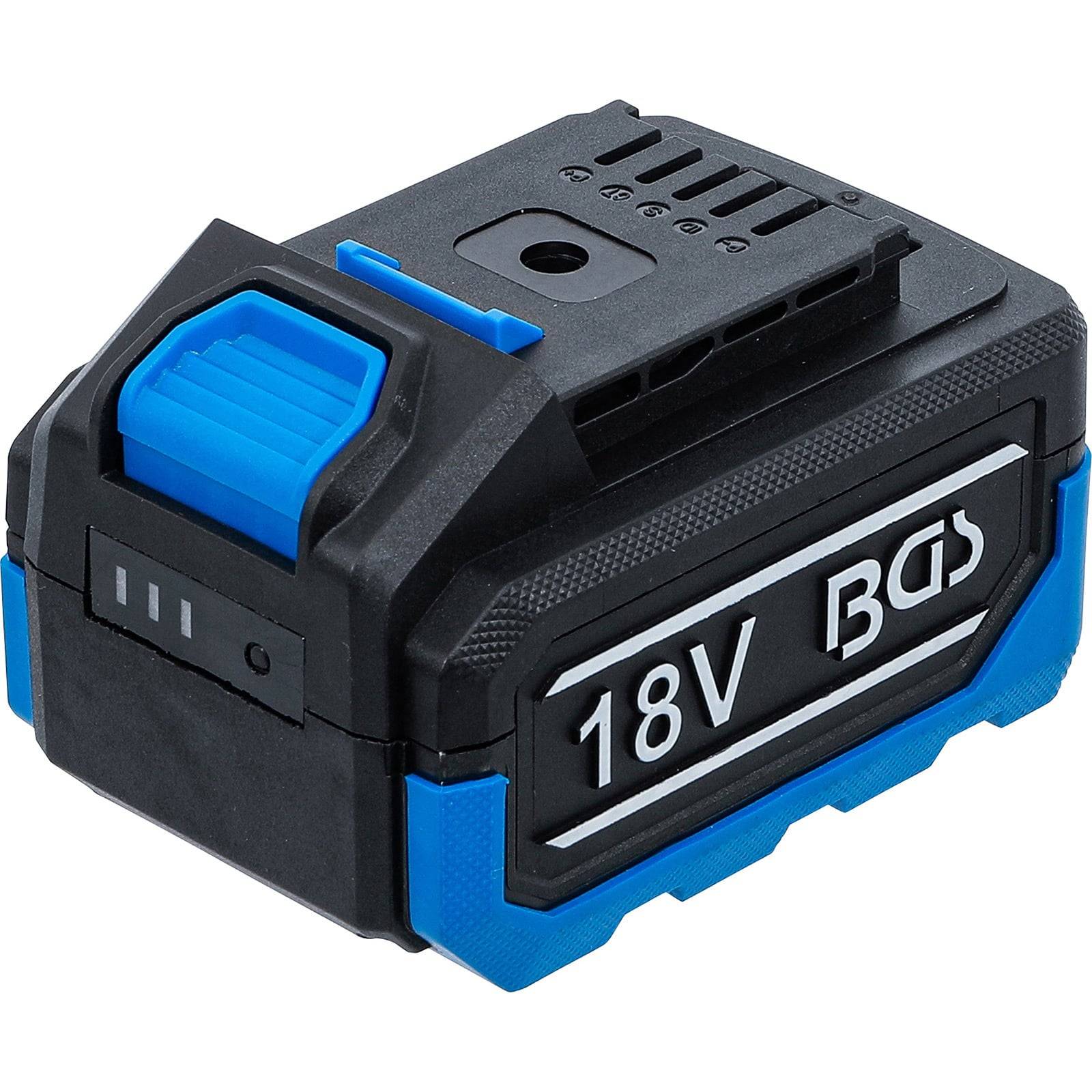 Ein schwarzer und blauer 18V BGS Lithium-Akkupack mit Leistungsanzeige und Verriegelungsmechanismus an der Oberseite.