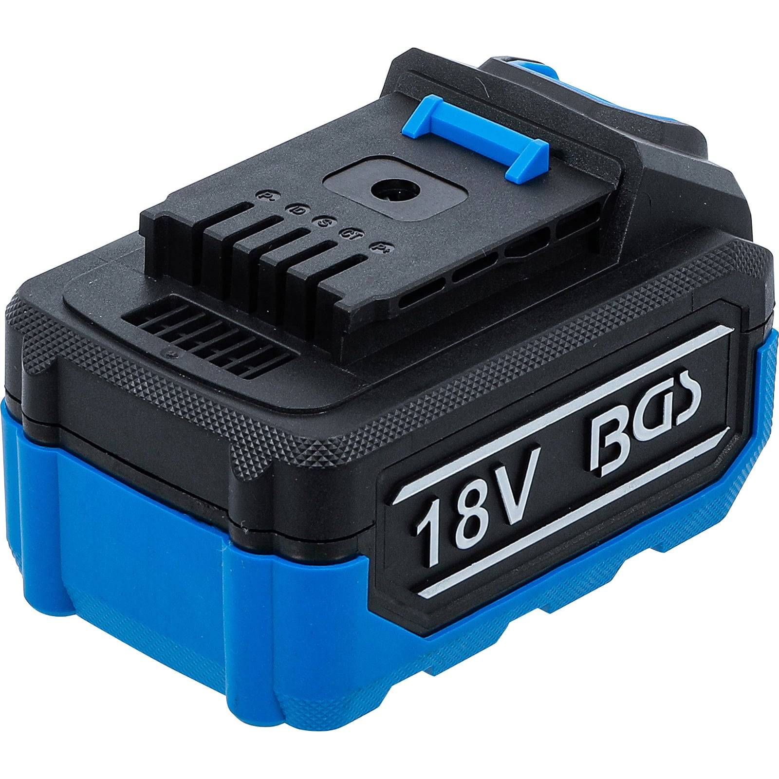 Eine schwarze und blaue 18V-Batterie mit der Aufschrift '18V BGS' an der Seite.