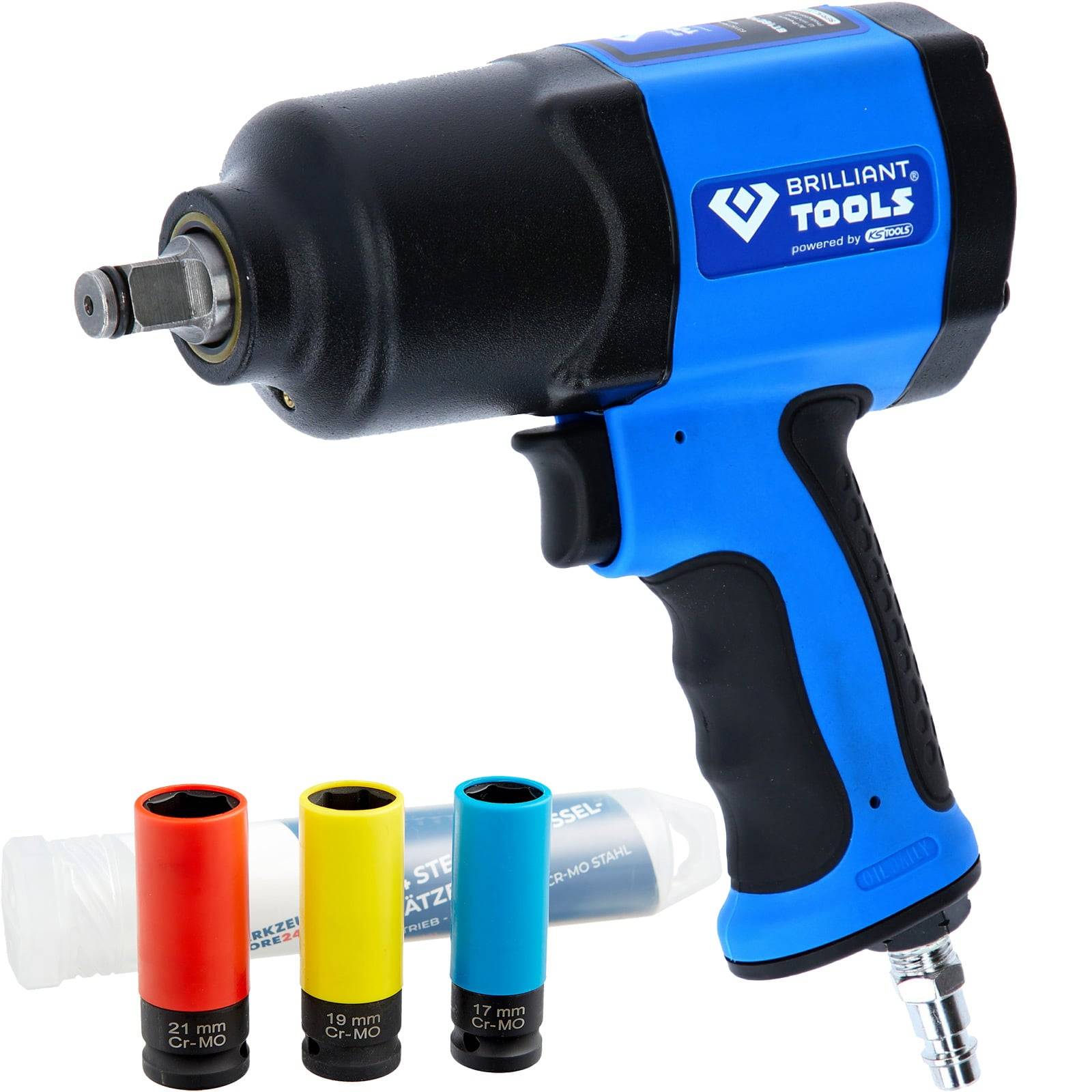 Ein blauer pneumatischer Schlagschrauber mit schwarzen Details, versehen mit einem 'Brilliant Tools' Etikett. Im Vordergrund sind drei farbige Steckschlüssel mit den Beschriftungen 17mm, 19mm und 21mm zu sehen.