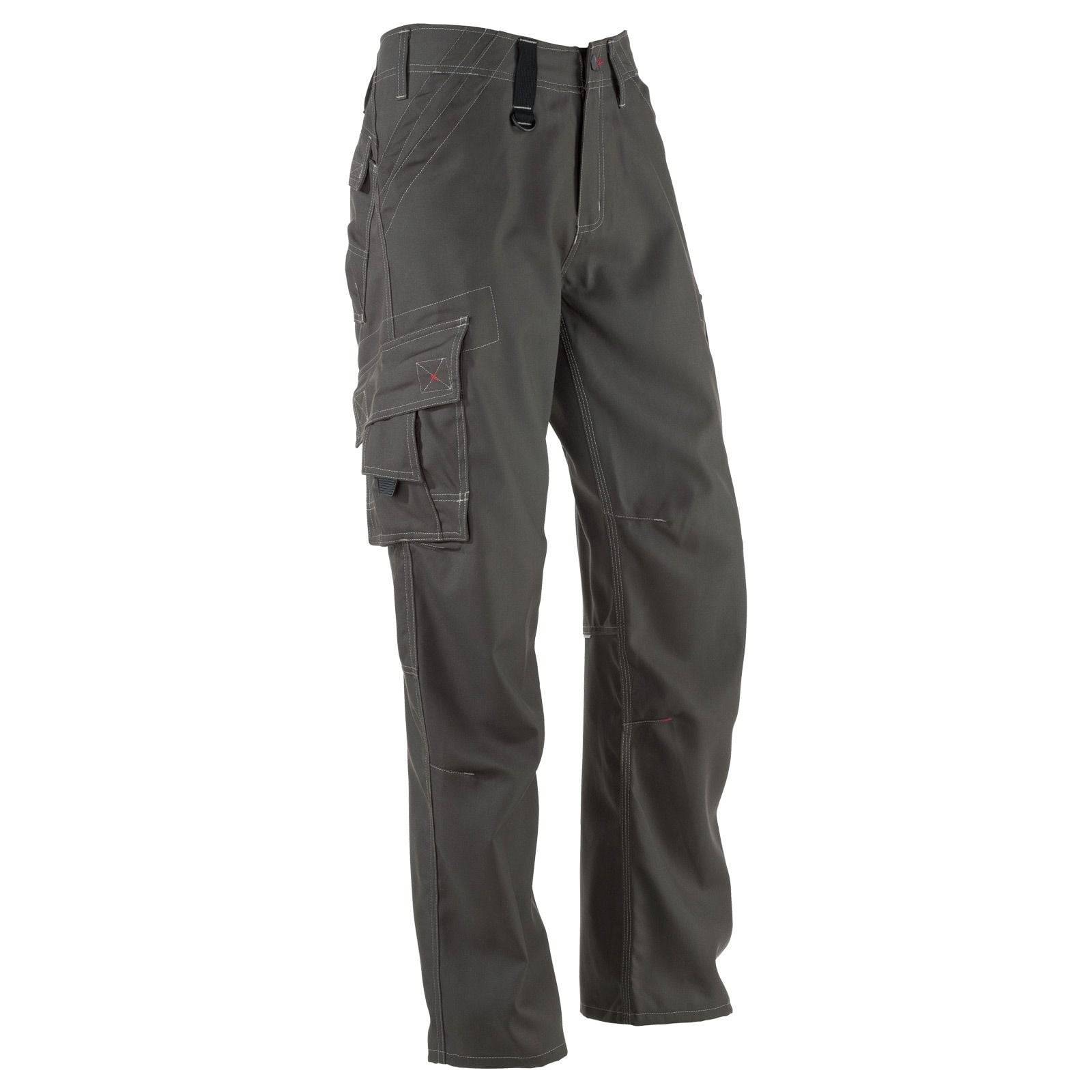 Graue Arbeitshose mit mehreren Taschen, einschließlich einer großen seitlichen Cargotasche und einer Gürtelschlaufe, entwickelt für Funktionalität und Strapazierfähigkeit.