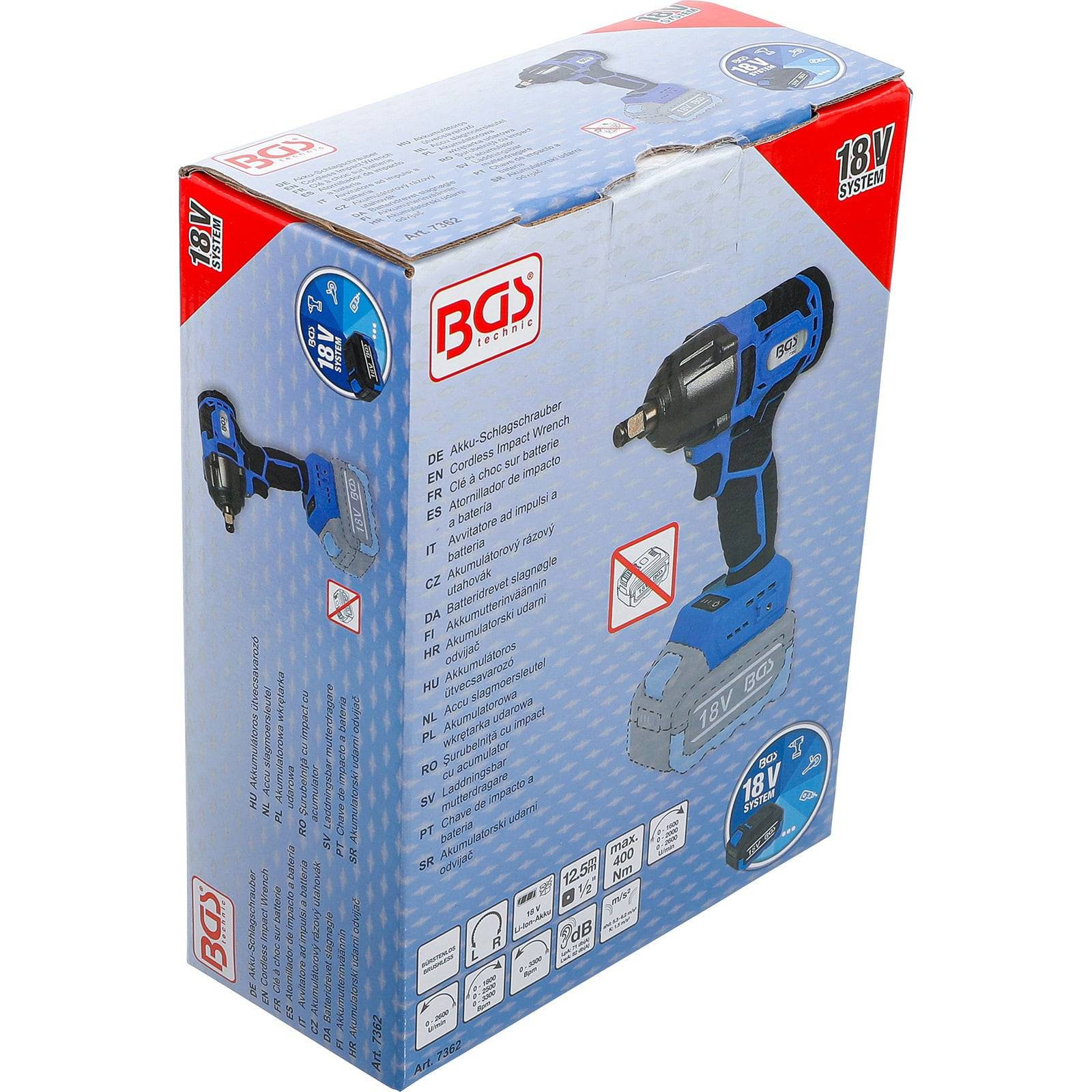 Die Verpackung zeigt einen kabellosen Schlagschrauber mit blau-schwarzem Design, der als 'BGS 18V System' gekennzeichnet ist. Mehrere Sprachen beschreiben das Werkzeug.