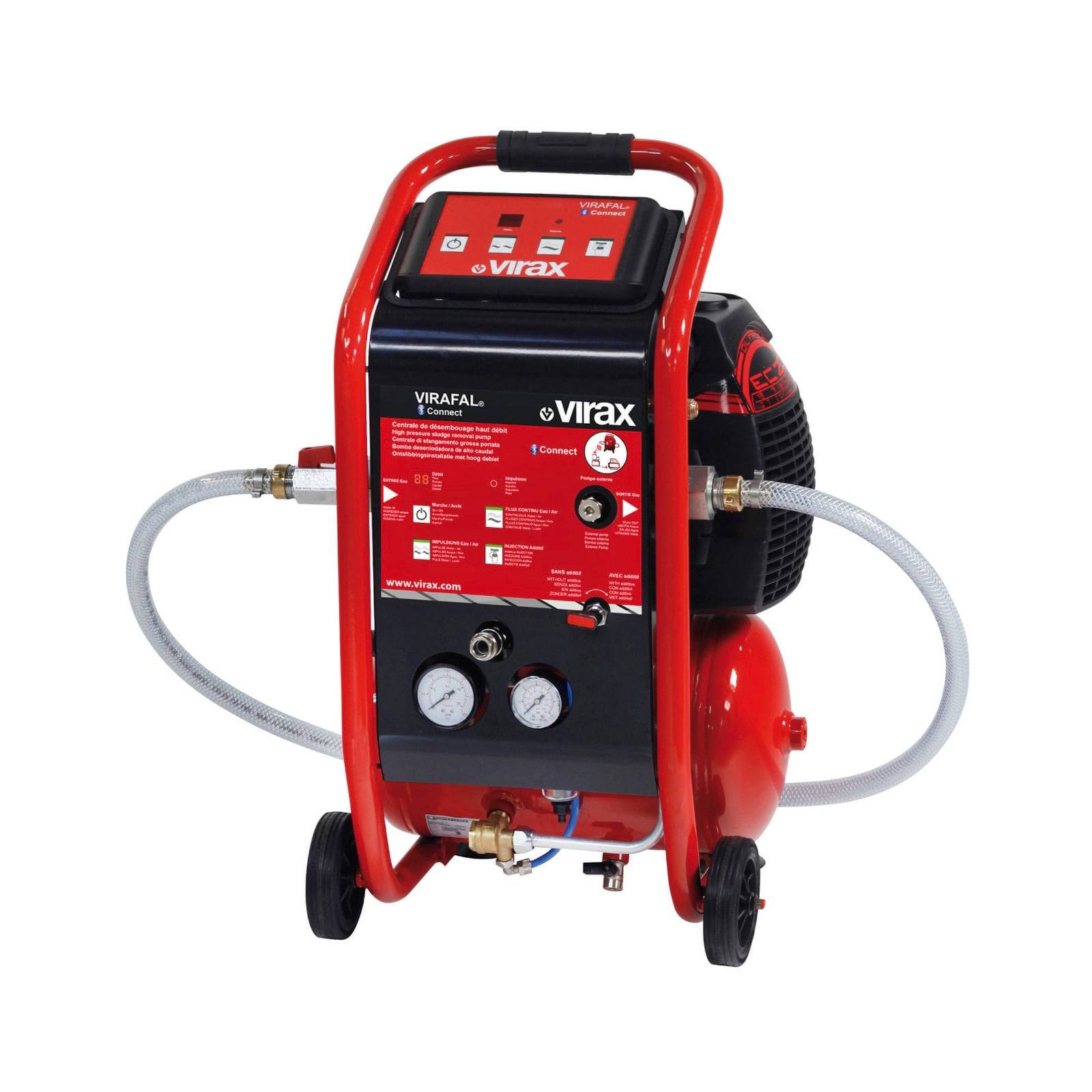 Tragbarer roter Kompressor mit Rädern und Manometern, der Marke Virax. Verwendet zum Druckaufbau in Systemen, mit prominent platzierten Bedienelementen und Schläuchen.