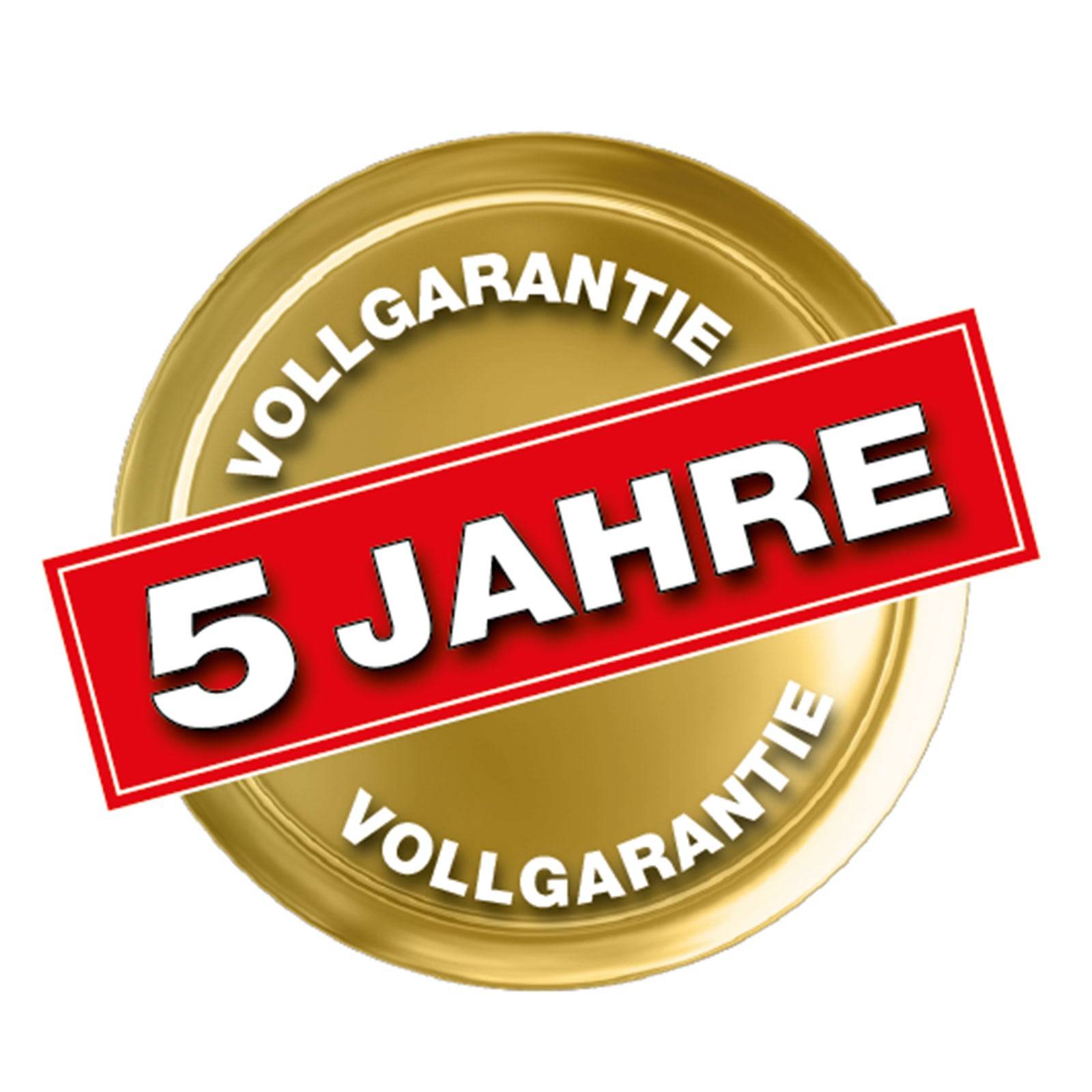 Ein Goldabzeichen mit der Aufschrift 'VOLLGARANTIE' und einem roten Etikett darüber mit der Beschriftung '5 JAHRE', was eine fünfjährige Vollgarantie anzeigt.