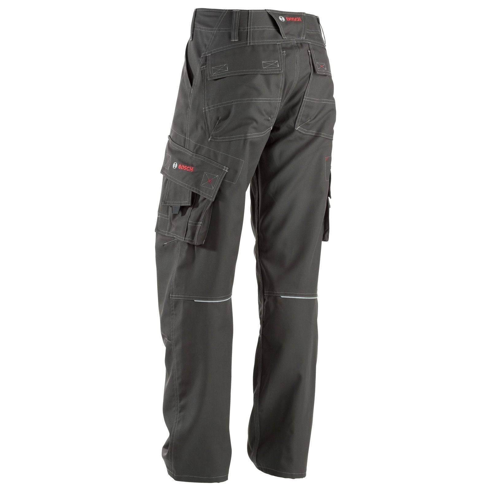 Arbeitshose in dunkelgrauer Farbe, mit mehreren Taschen und verstärkten Nähten, auf einem einfarbigen Hintergrund abgebildet.