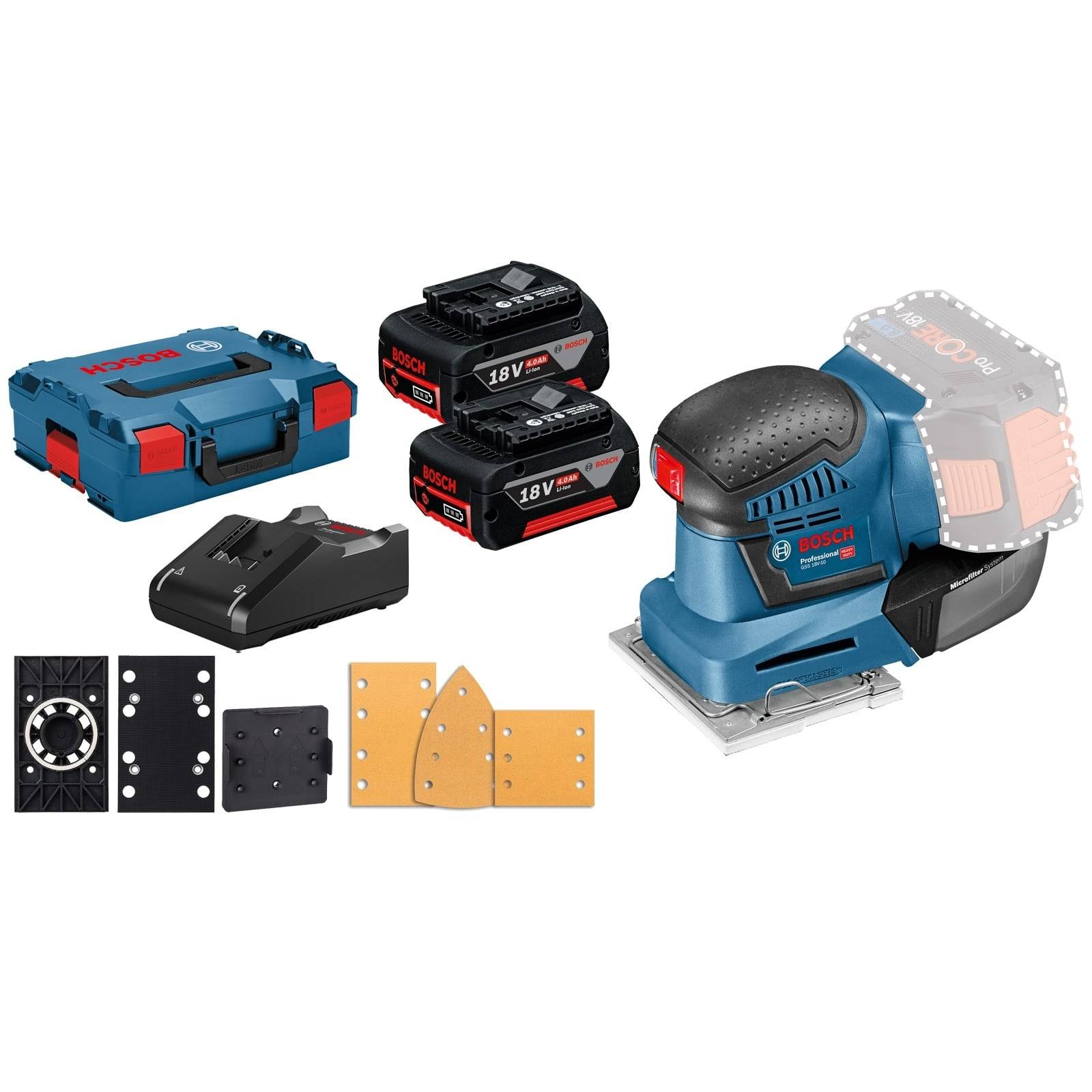 Bosch Akku-Exzenterschleifer-Set mit zwei 18V-Akkus, Ladegerät, Koffer und verschiedenen Schleifpads, ideal für Holzarbeiten.
