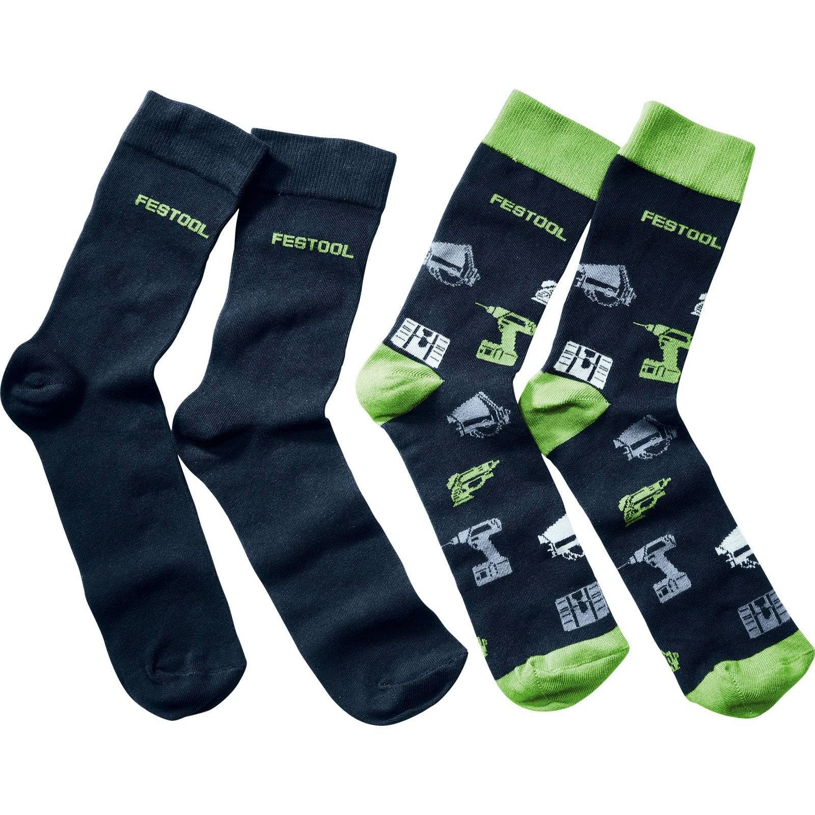 Zwei Paar Festool-Socken: ein Paar einfarbig schwarz, das andere schwarz mit grünem Rand und verschiedenen Werkzeugdesigns in Weiß.