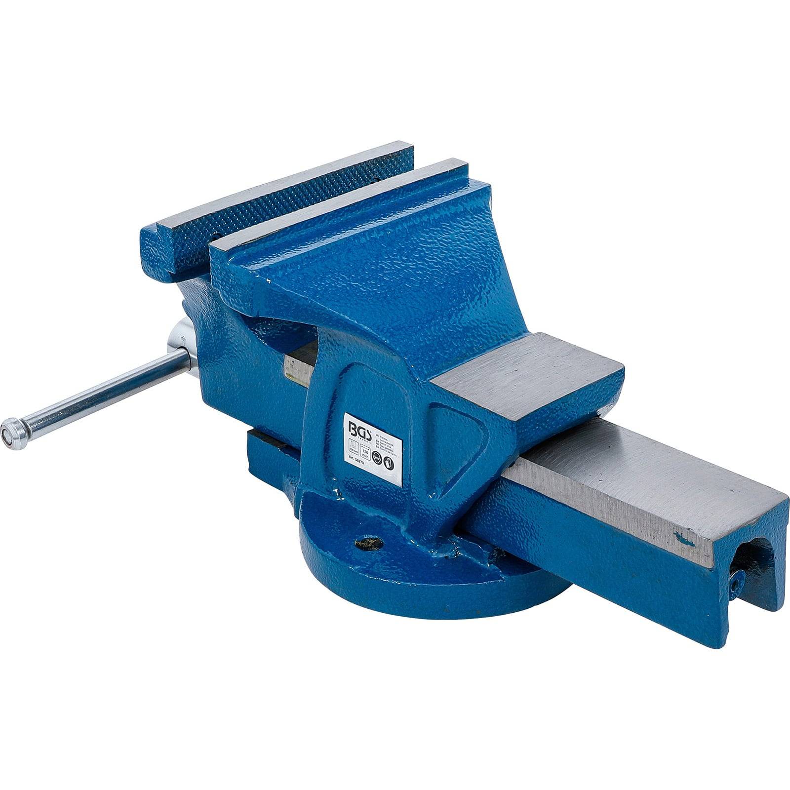 Ein blauer Metallschraubstock mit silbernem Griff, dargestellt in offener Position, wird zum sicheren Halten von Objekten während der Arbeit verwendet.