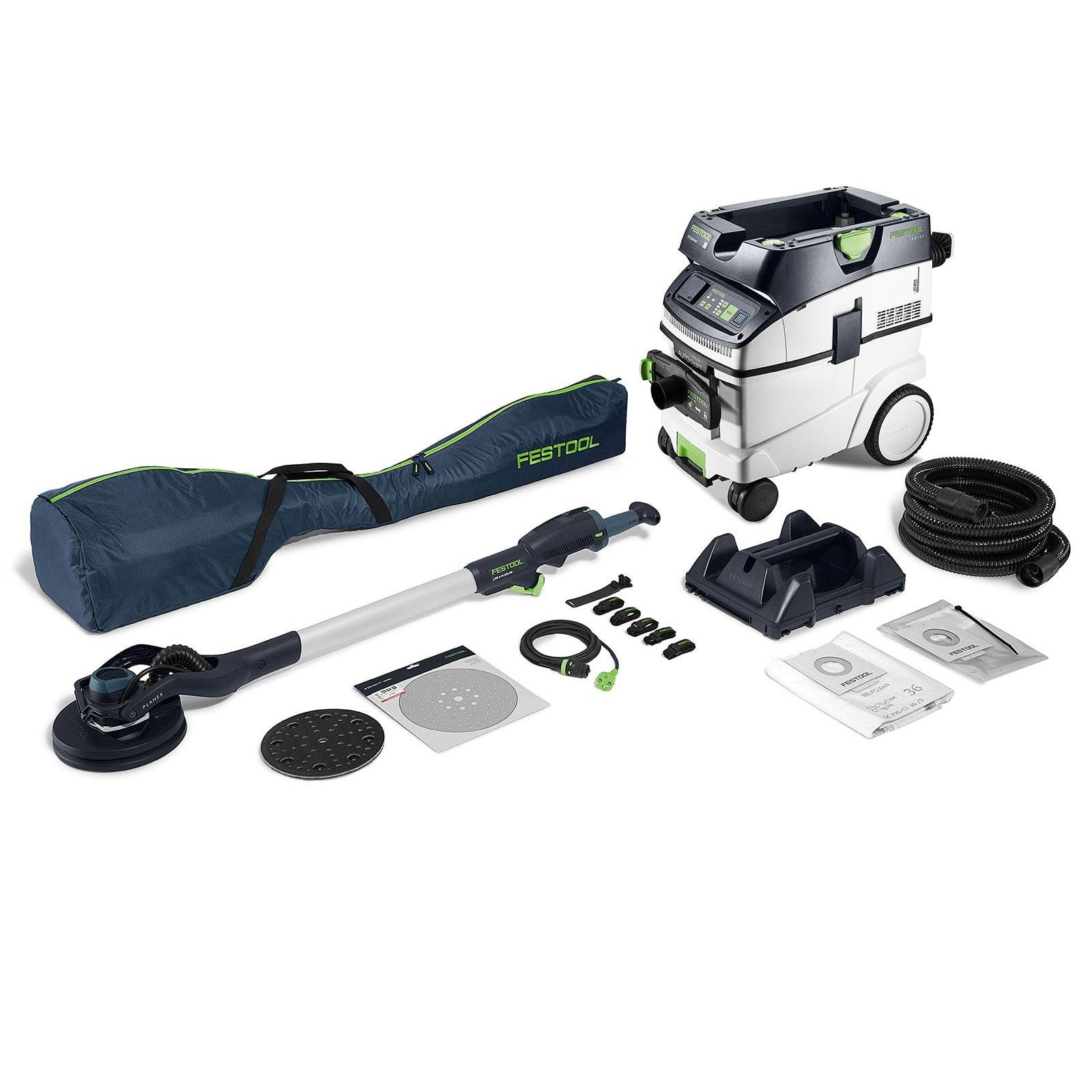 Das 'Festool Planex LHS 2' Trockenbau-Schleifwerkzeug-Set umfasst einen Schleiffer, Transportkoffer, Zubehör, Staubabscheider und Schläuche in der Ausstellung.