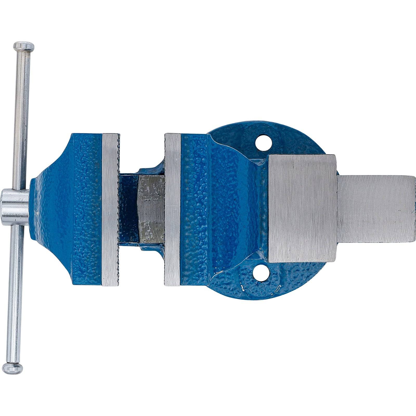 Eine blaue und silberne Metallschraubzwinge, die auf einer Oberfläche montiert ist und die verstellbaren Backen und den Griff zeigt.