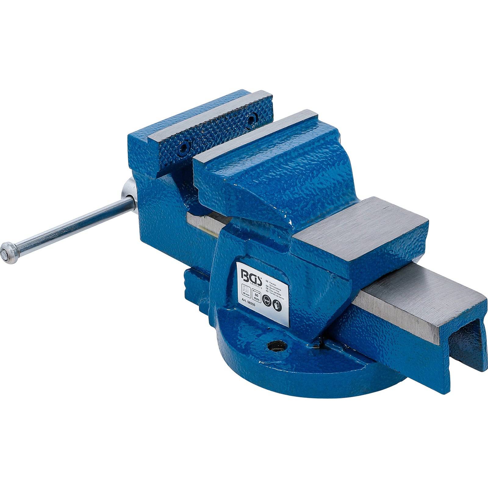 Eine blaue Metallbandbremse mit silbernen Backen und einem drehbaren Griff, die eine Etikette mit Produktinformationen an der Seite aufweist.