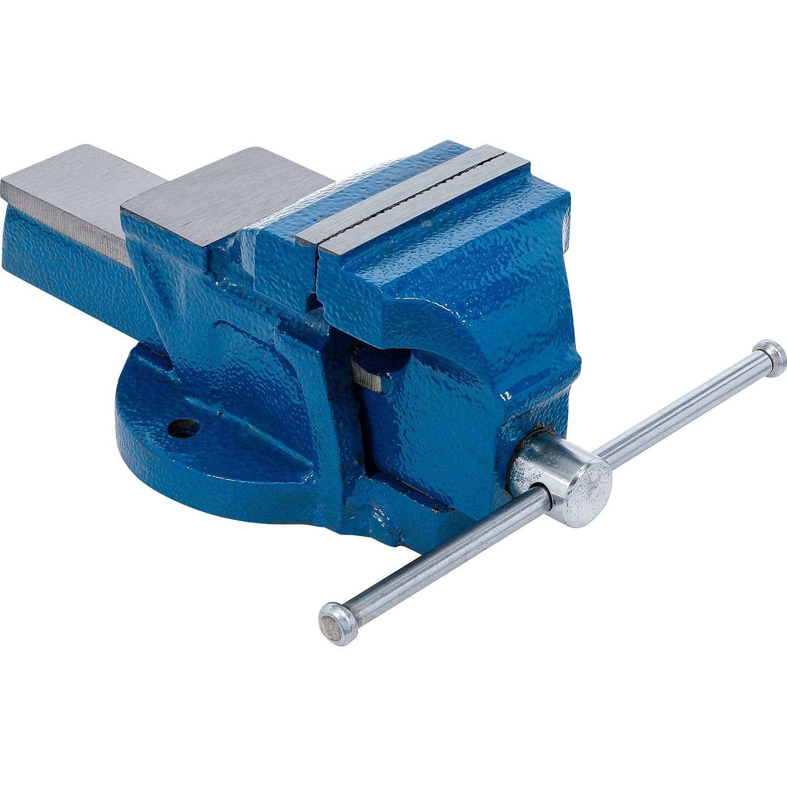 Eine blaue Metallschraubstock mit einem rotierenden Griff, ausgestattet mit breiten Backen und einer stabilen Basis zum Sichern von Gegenständen während Arbeiten.