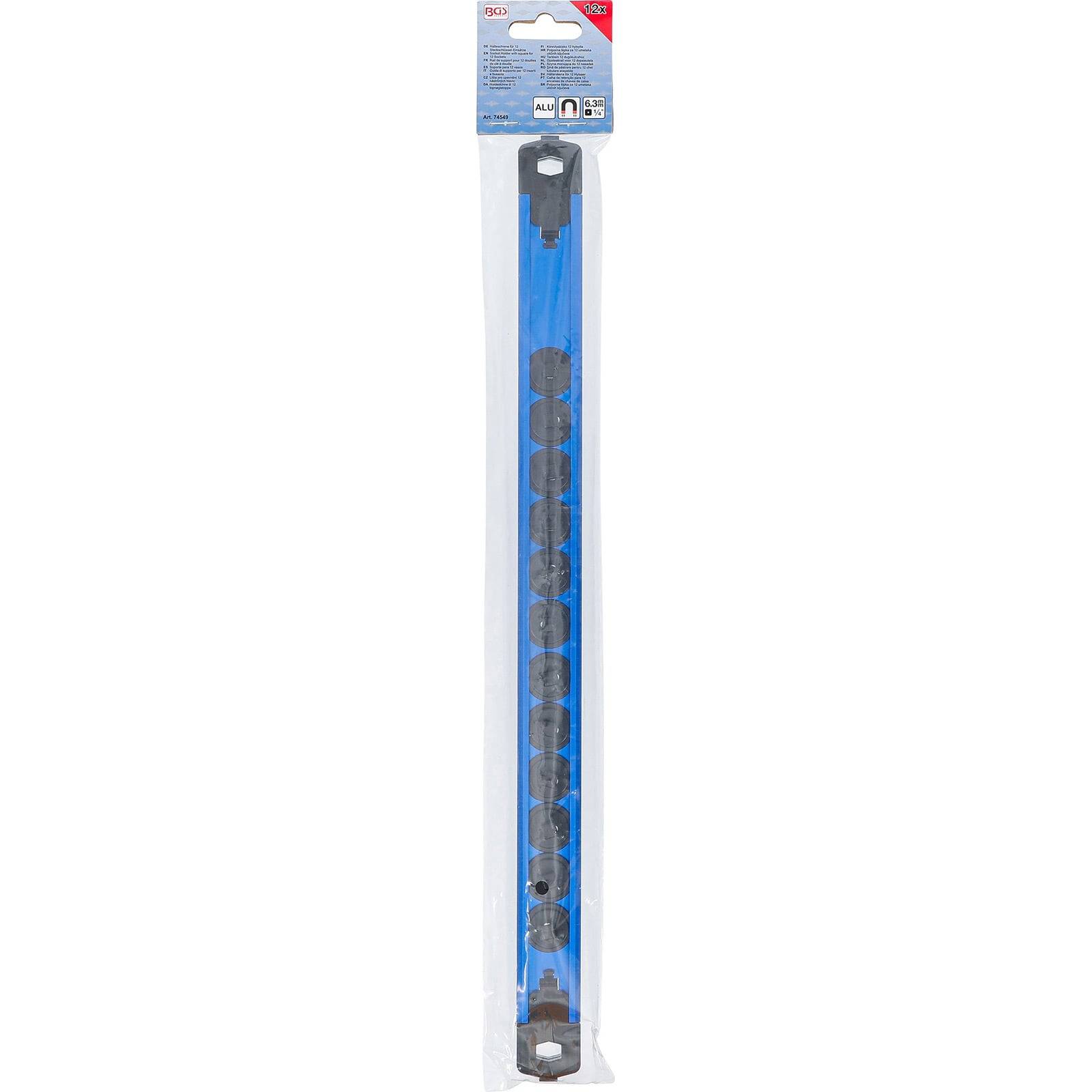 Eine Packung mit 12 blauen Plastik-Kabelbindern, 300 mm lang, ist in einer transparenten Verpackung zu sehen, wobei die Etiketten oben sichtbar sind.