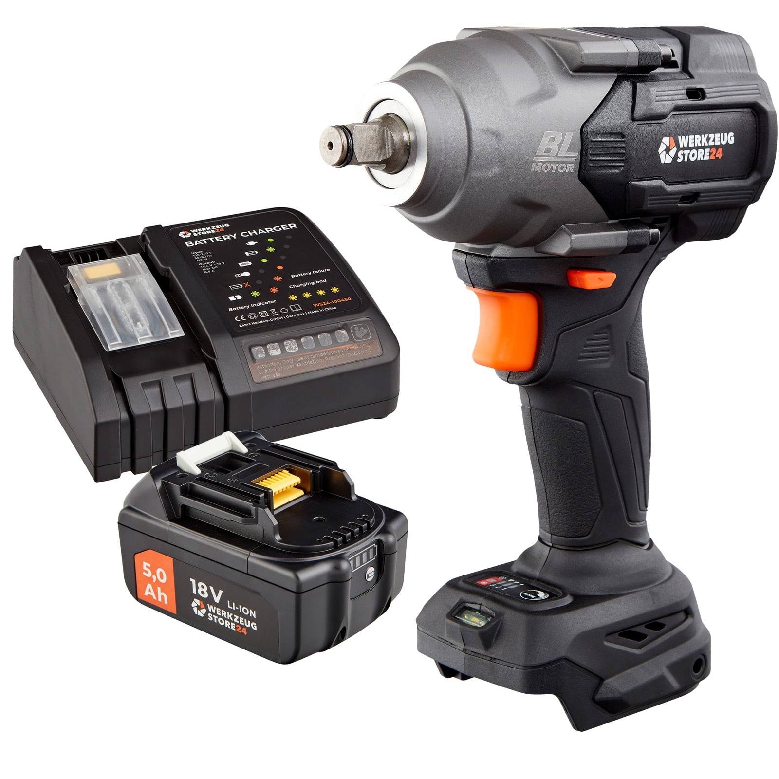 Ein kabellose Werkzeugset mit einer schwarzen und grauen Schlagschrauber, einem 18V Li-Ionen Akku mit 5,0 Ah Kapazität und einem Ladegerät.