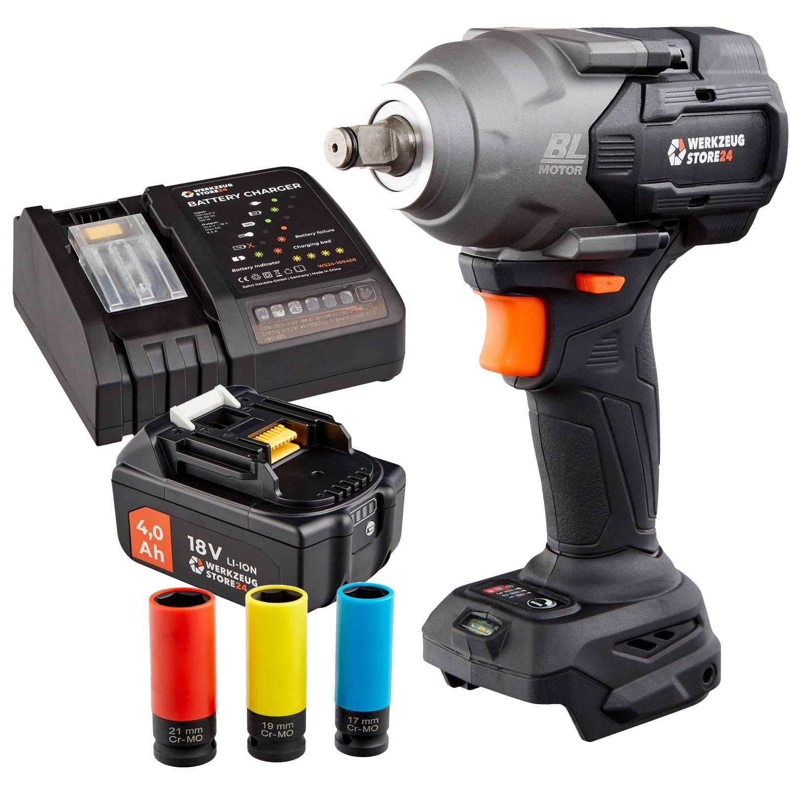 Ein elektrischer Schlagschrauber mit Ladegerät und Akku, begleitet von drei bunten Schlagsteckschlüsseln, vor einem weißen Hintergrund.