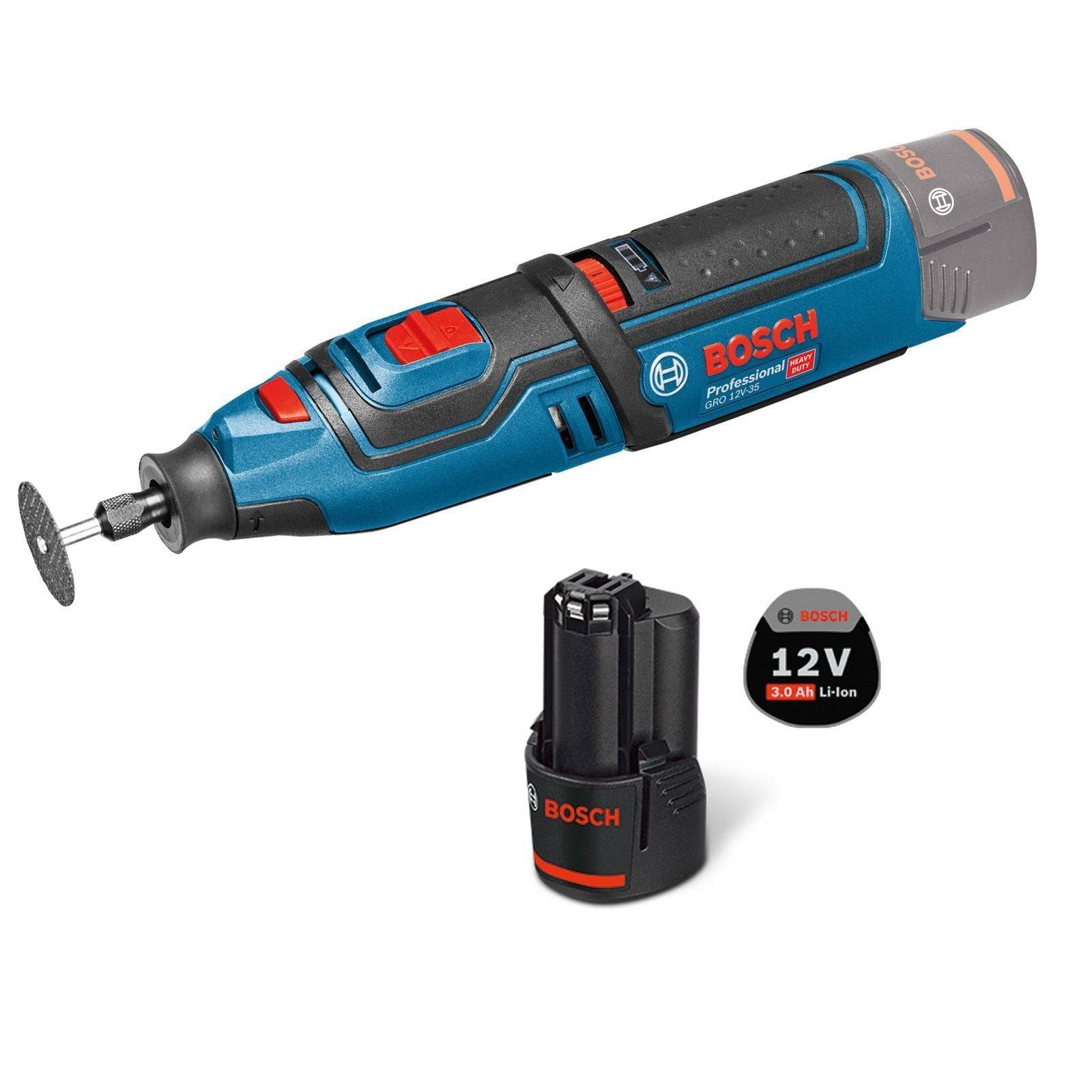 Ein Bosch akku-betriebenes professionelles Rotationswerkzeug mit einer Scheibenaufsatz, zusammen mit einer 12V 2.0Ah Li-Ion Batterie.