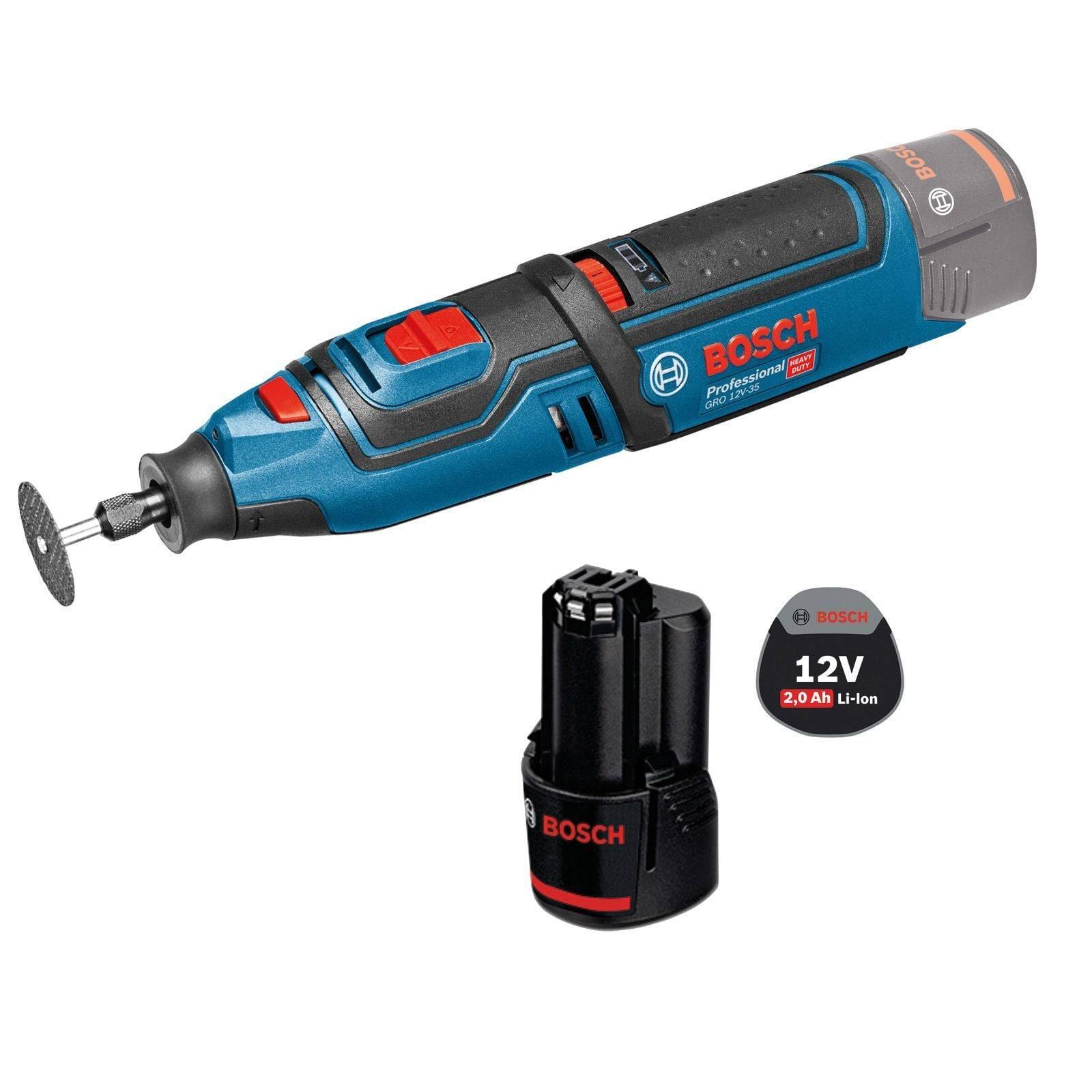 Kabelloses Rotationswerkzeug mit blau-schwarzem Design, Branding von 'Bosch Professional', gezeigt mit 12V 2.0Ah Li-Ion-Akku und Schleifscheibe.