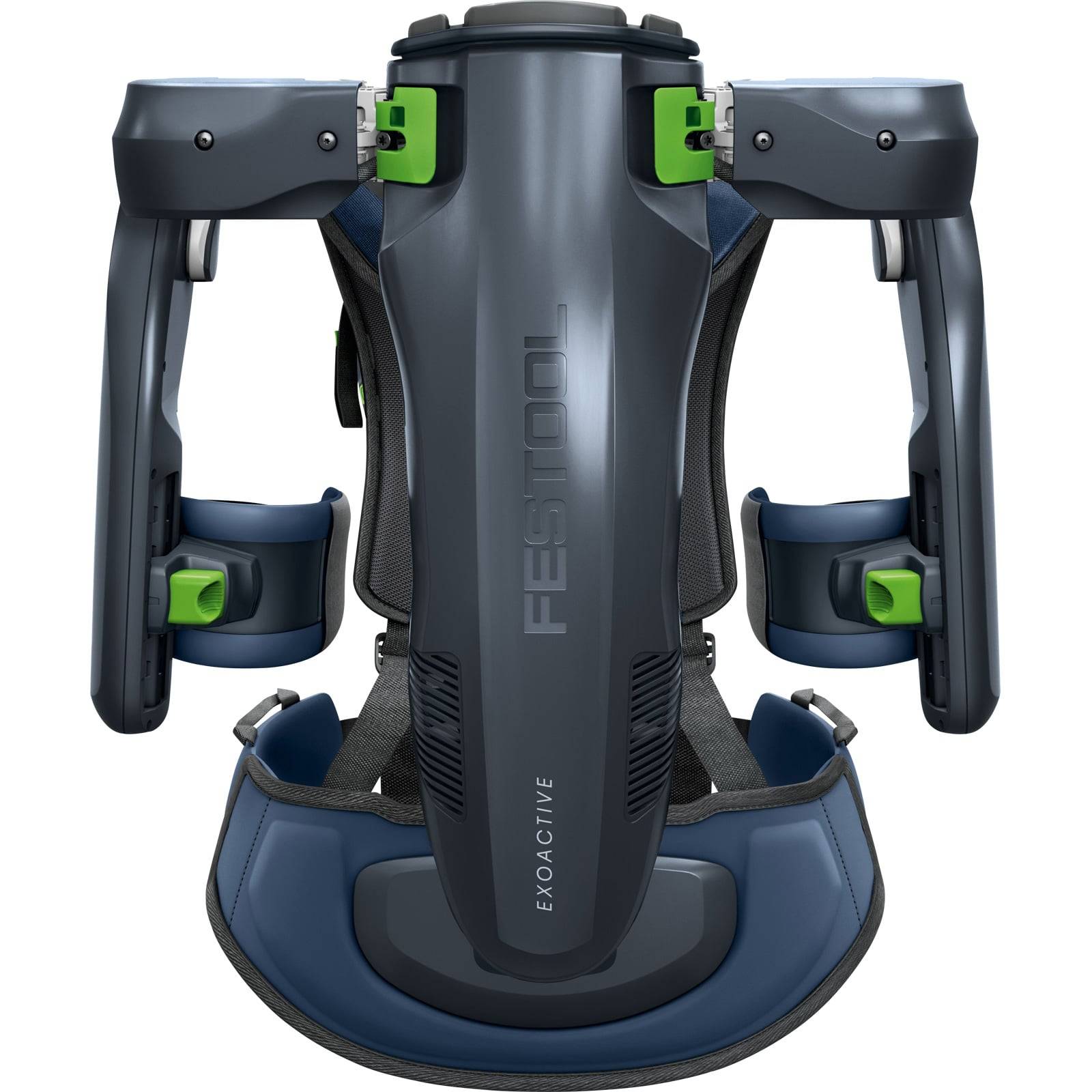 Ein Exoskelett-Gerät mit verstellbaren Armstützen, gekennzeichnet als ‚Festool Exoactive', das für ergonomische Unterstützung bei manuellen Tätigkeiten entwickelt wurde.
