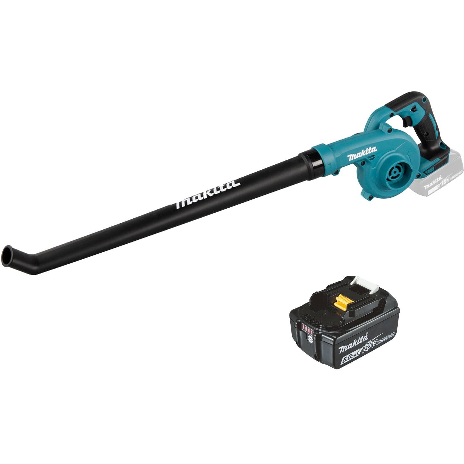 Ein Makita Akku-Laubbläser mit einer langen schwarzen Düse, zusammen mit einer kompatiblen Batterie.