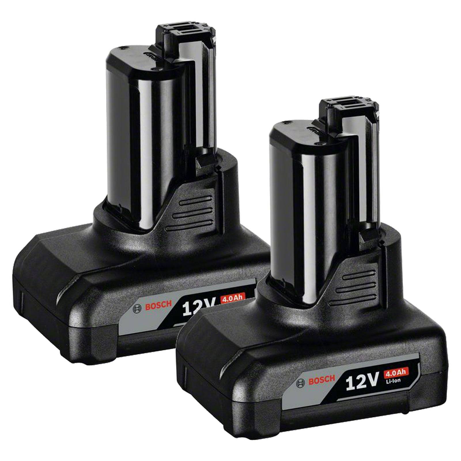 Zwei Bosch-12V-4,0-Ah-Lithium-Ionen-Akkus mit schwarzen Gehäusen, senkrecht nebeneinander stehend, vor einem einfarbigen weißen Hintergrund.