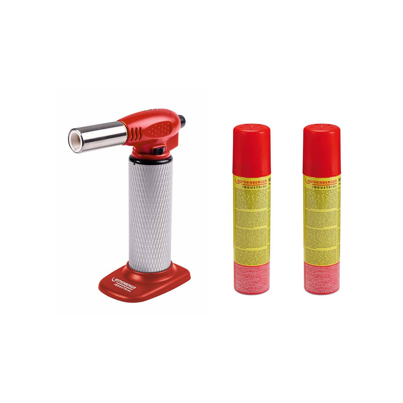 Eine rote kulinarische Gasbrenner neben zwei Butangas-Kanistern.