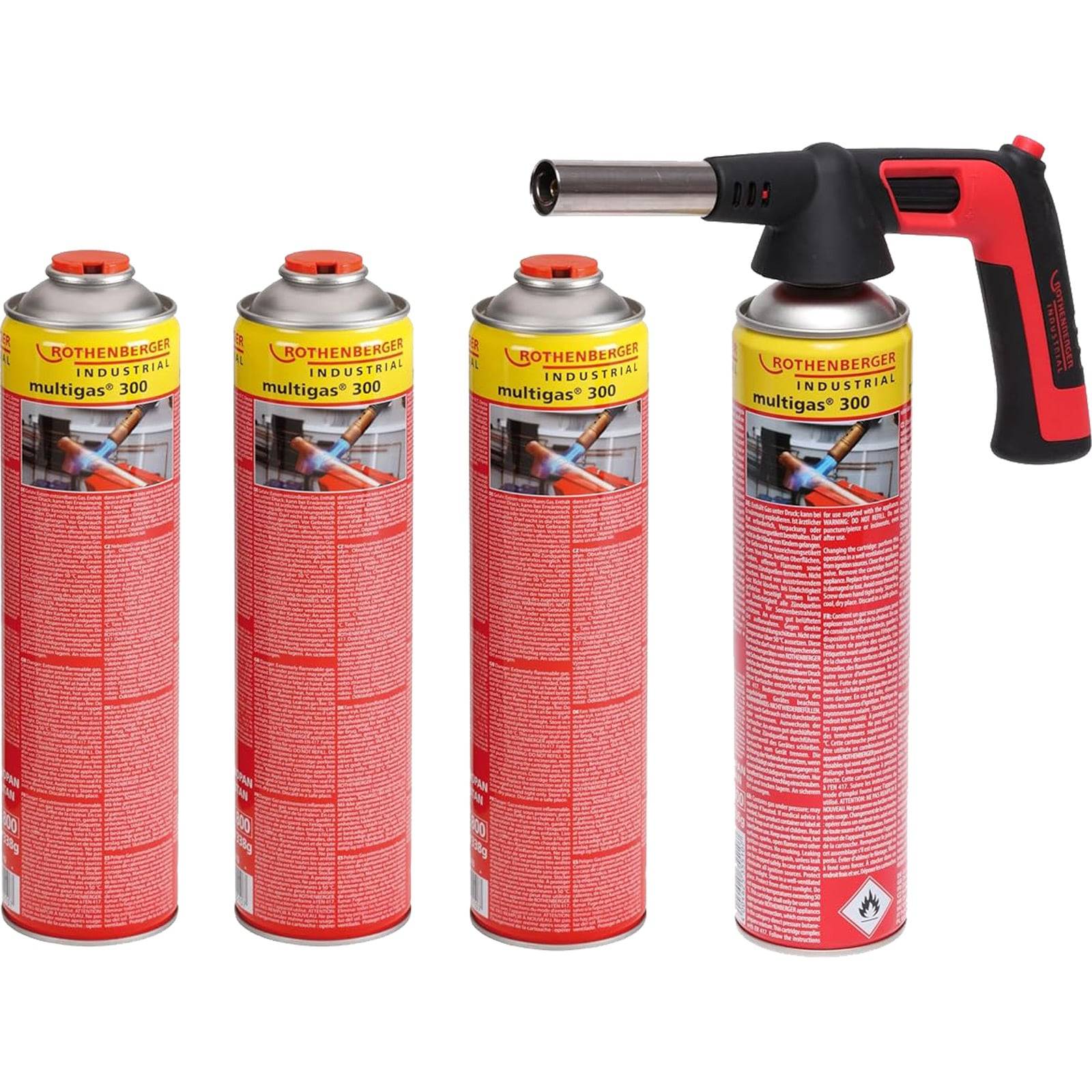 Vier rote Gasflaschen mit der Aufschrift „rothenberger industrial multigas 300