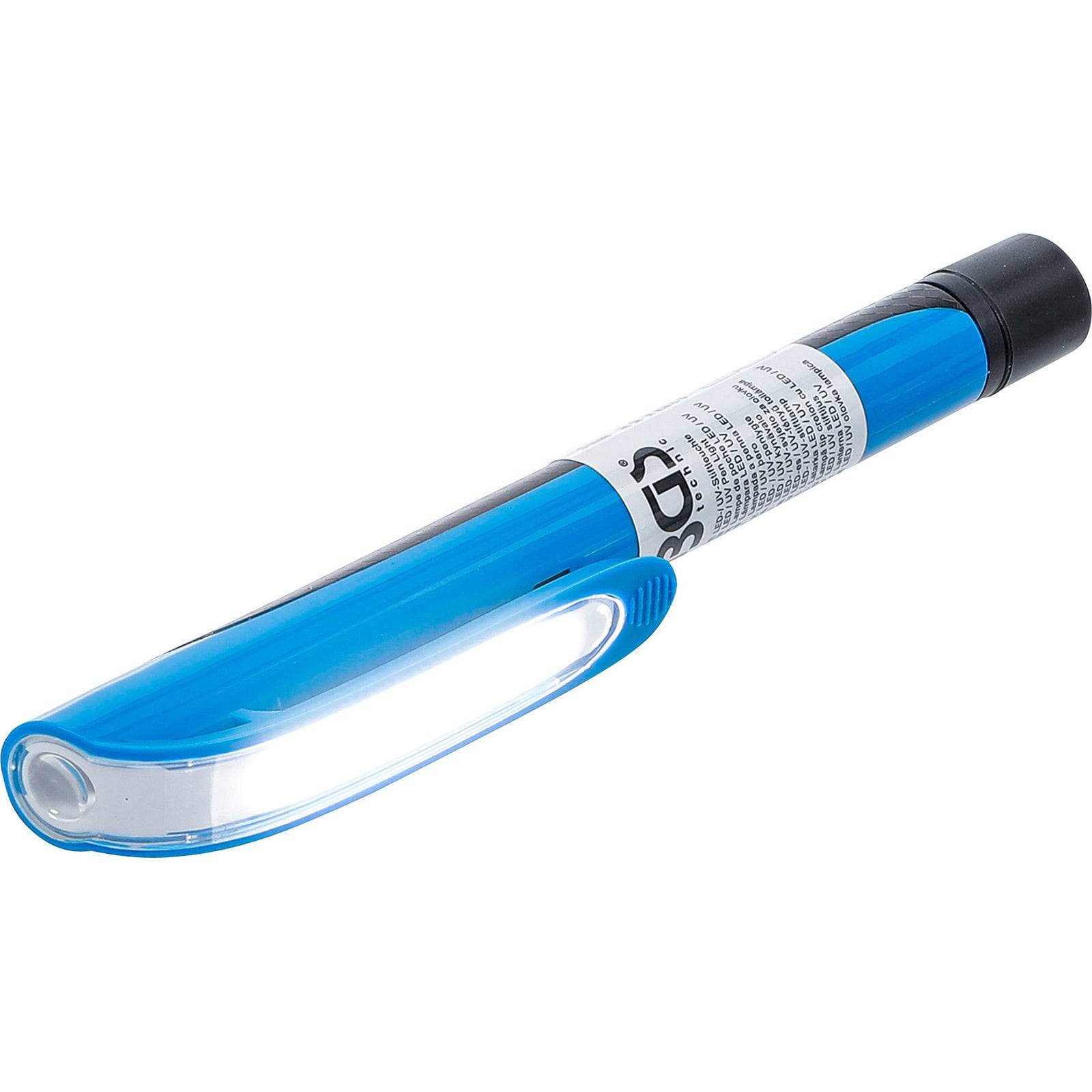 Ein blauer, handgehaltener UV-Sterilisationsstab zum Desinfizieren von Oberflächen, mit schwarzem Griff und Bedienungsanleitung in der Nähe des oberen Endes.