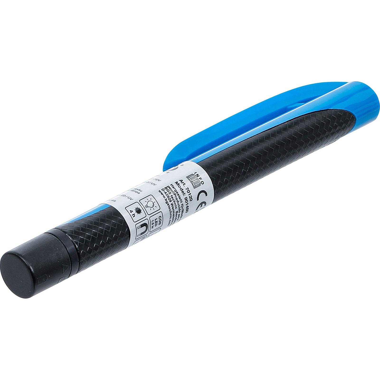 Ein schwarzer und blauer nicht-permanenter Markierstift mit Kappe, ausgestattet mit einem strukturierten Griff und einem Etikett mit Informationen und Symbolen.