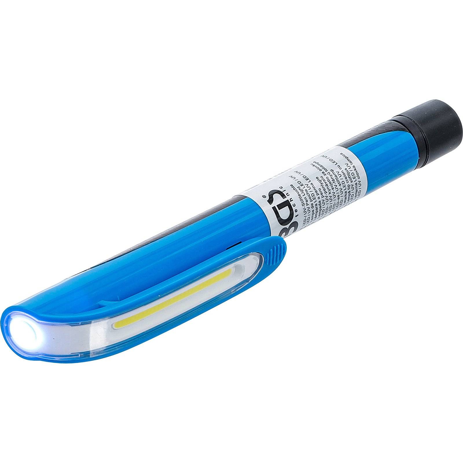 Ein blauer Taschenlampen-Stift mit schlankem Design, ausgestattet mit einer Clip und einem hellen LED-Licht am einen Ende.