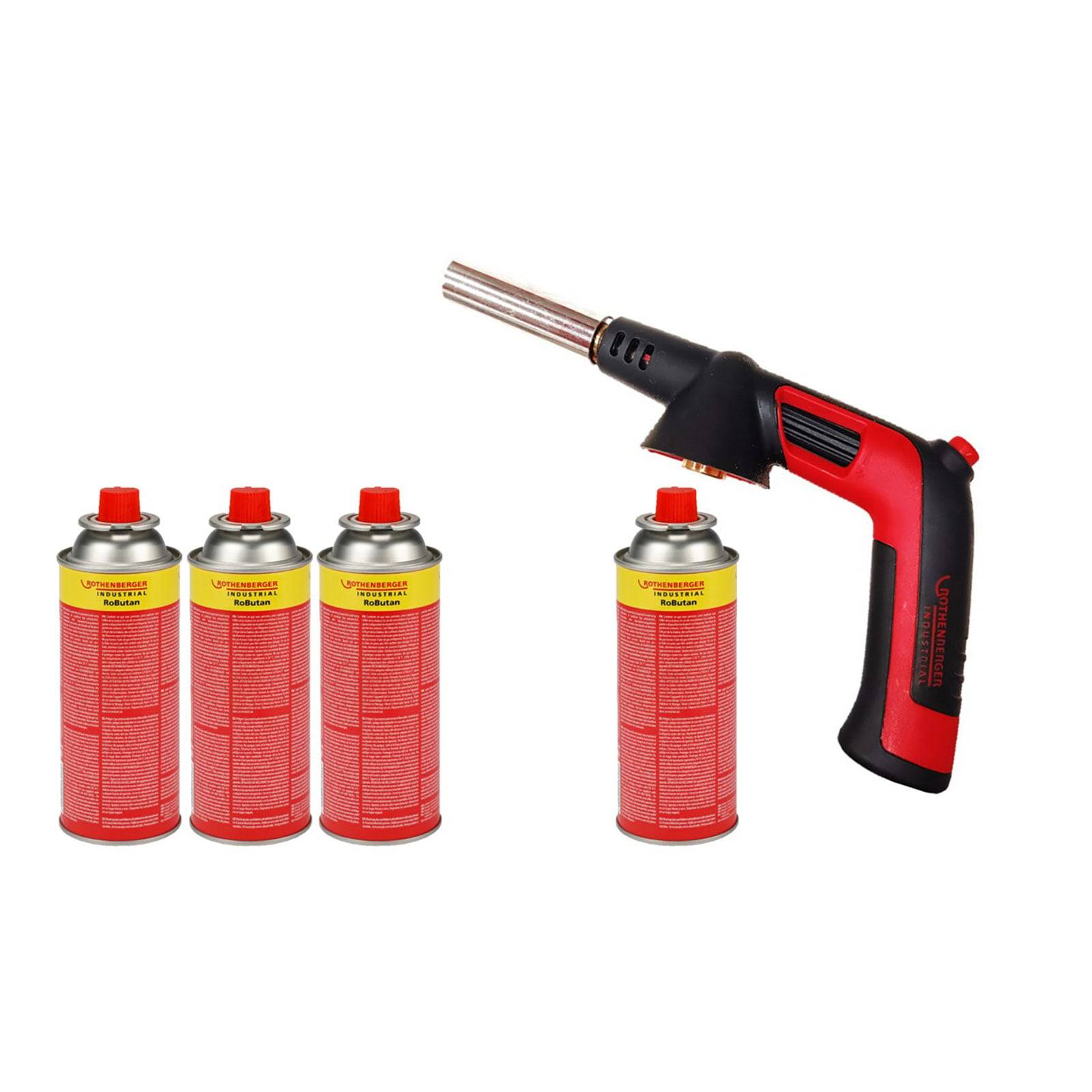 Tragbarer Rot-Schwarzer-Butanbrenner mit vier roten Brennstoffkanistern, gekennzeichnet für Drucksicherheit. Geeignet für kulinarische und leichte Schweißaufgaben.