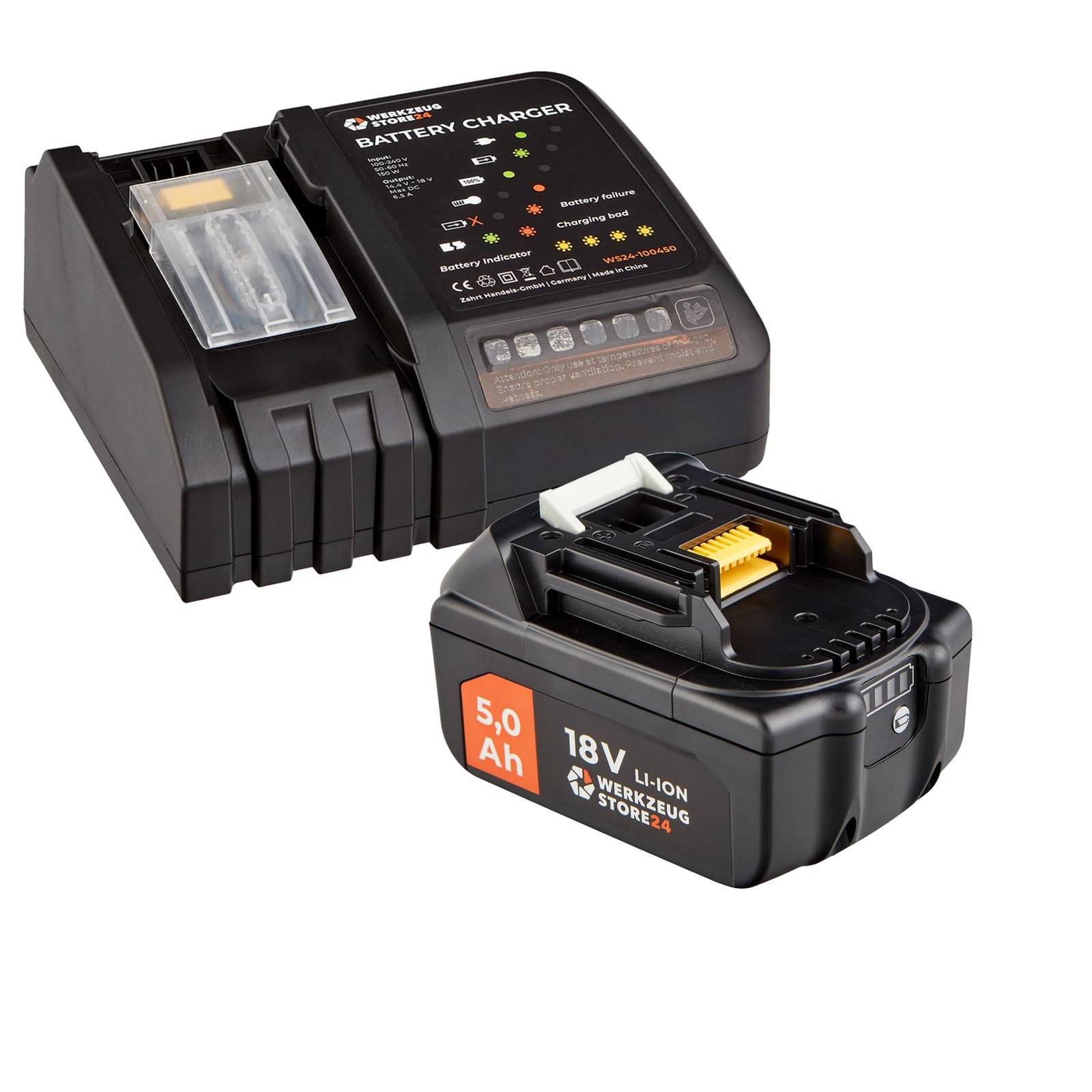 18V Li-Ion Akkupack und Ladegerät mit LED-Anzeigen für den Ladestatus. Akku gekennzeichnet mit 5,0 Ah und Markenname WERKZEUG STORE24.
